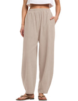 LOMON Linen Barrel Pants Women Wide Leg Palazzo Summer Baggy Harem Pants Boho Casual Trousers with Pockets Beach Vacation