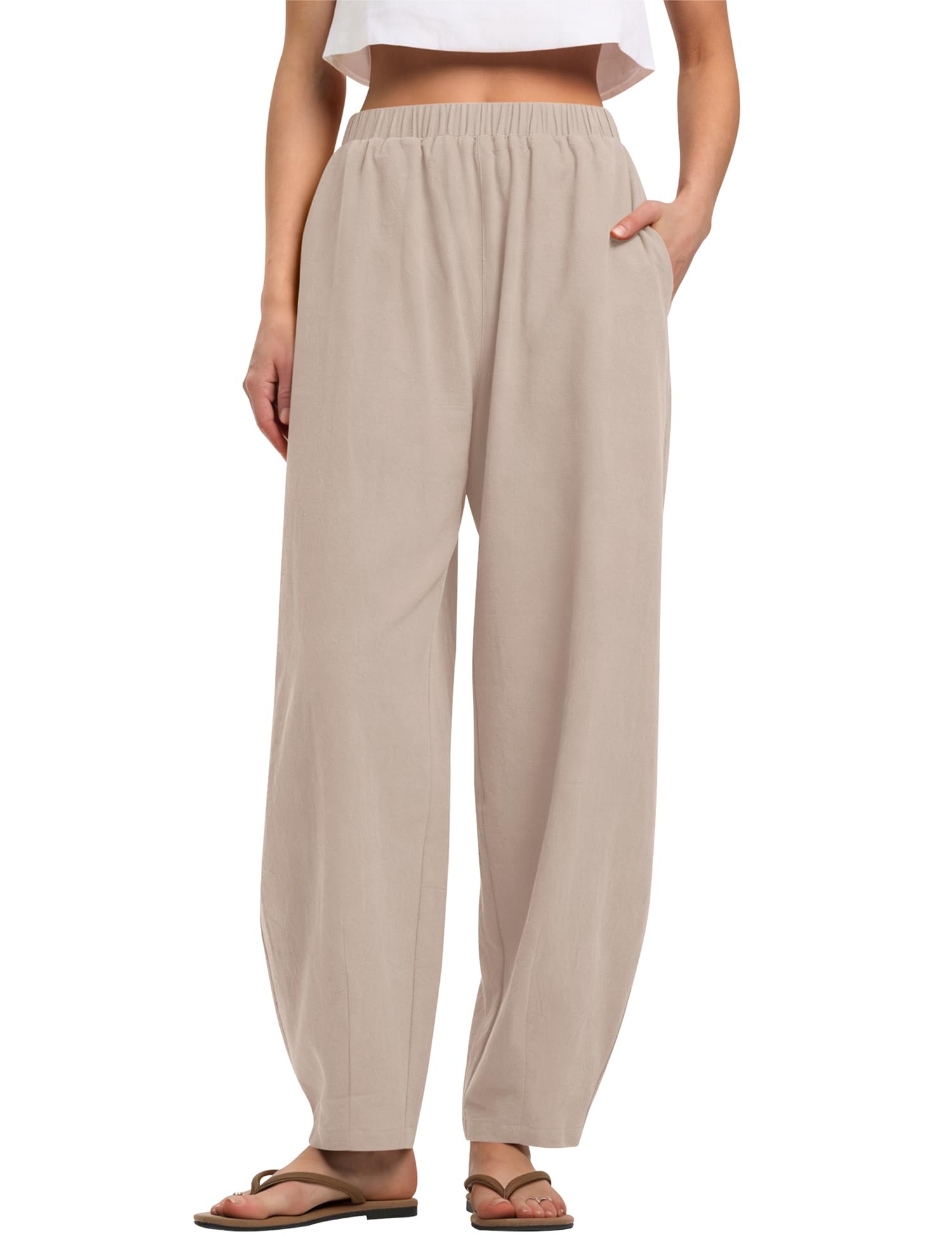 LOMON Linen Barrel Pants Women Wide Leg Palazzo Summer Baggy Harem Pants Boho Casual Trousers with Pockets Beach Vacation