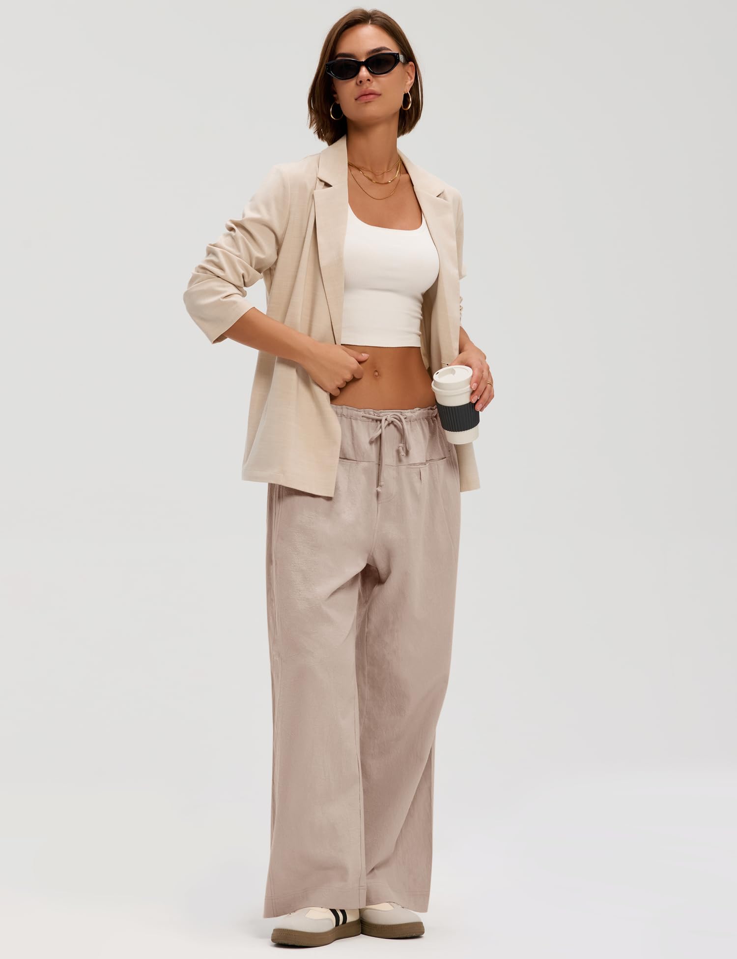LOMON Pants for Women Wide Leg Side Striped Pants Drawstring Baggy Palazzo Work Trousers with Pockets