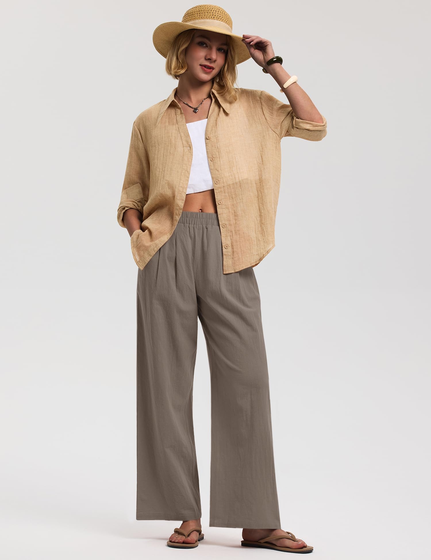 LOMON Cotton Linen Pants Women Wide Leg Palazzo Pants Beach Vacation Outfits Summer 2026 Flowy Clothes Trousers with Pockets