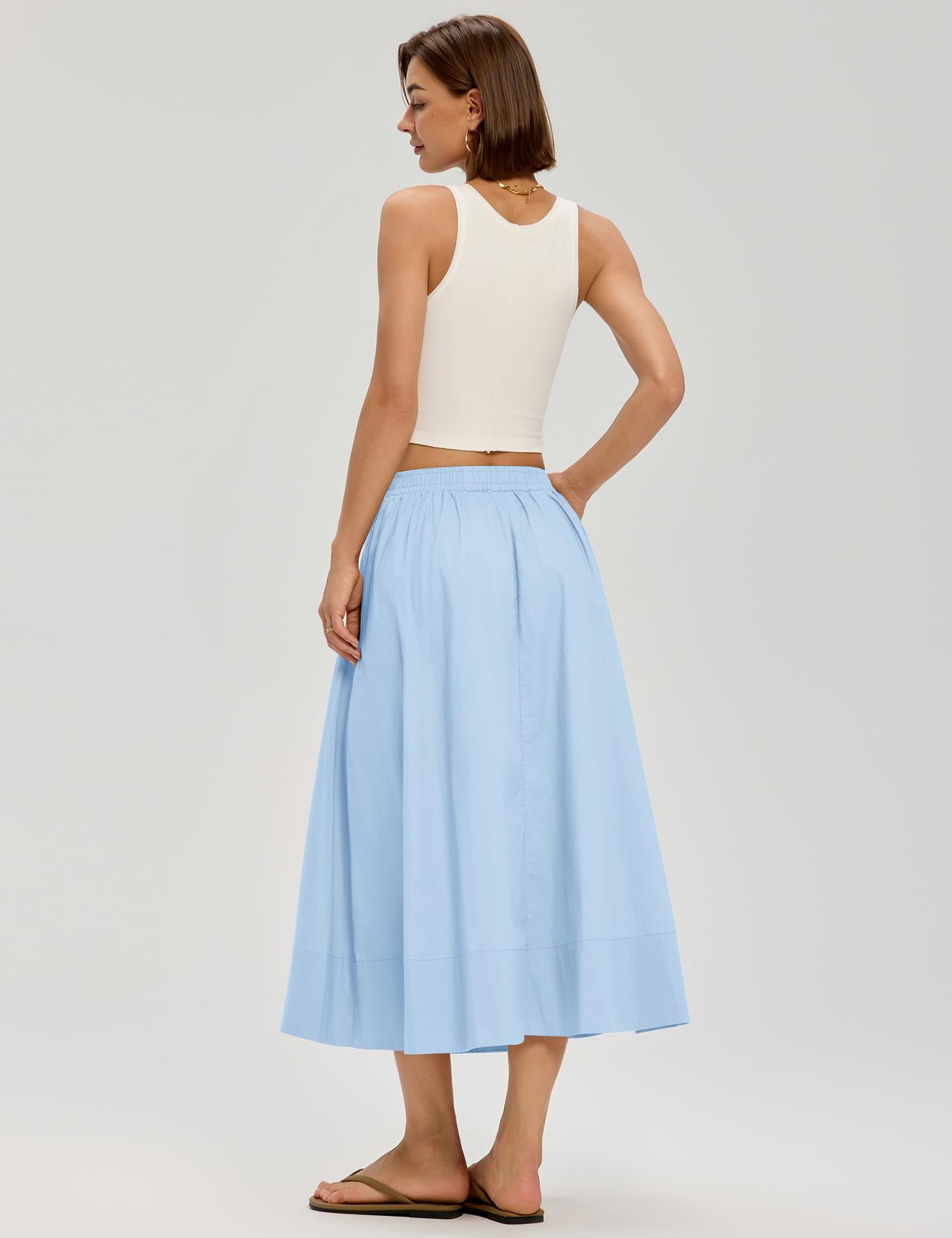 LOMON Midi Skirts for Women A-Line Cotton Flowy Maxi Skirt Boho Summer Beach Casual Elastic Waist Dress Outfit with Pockets