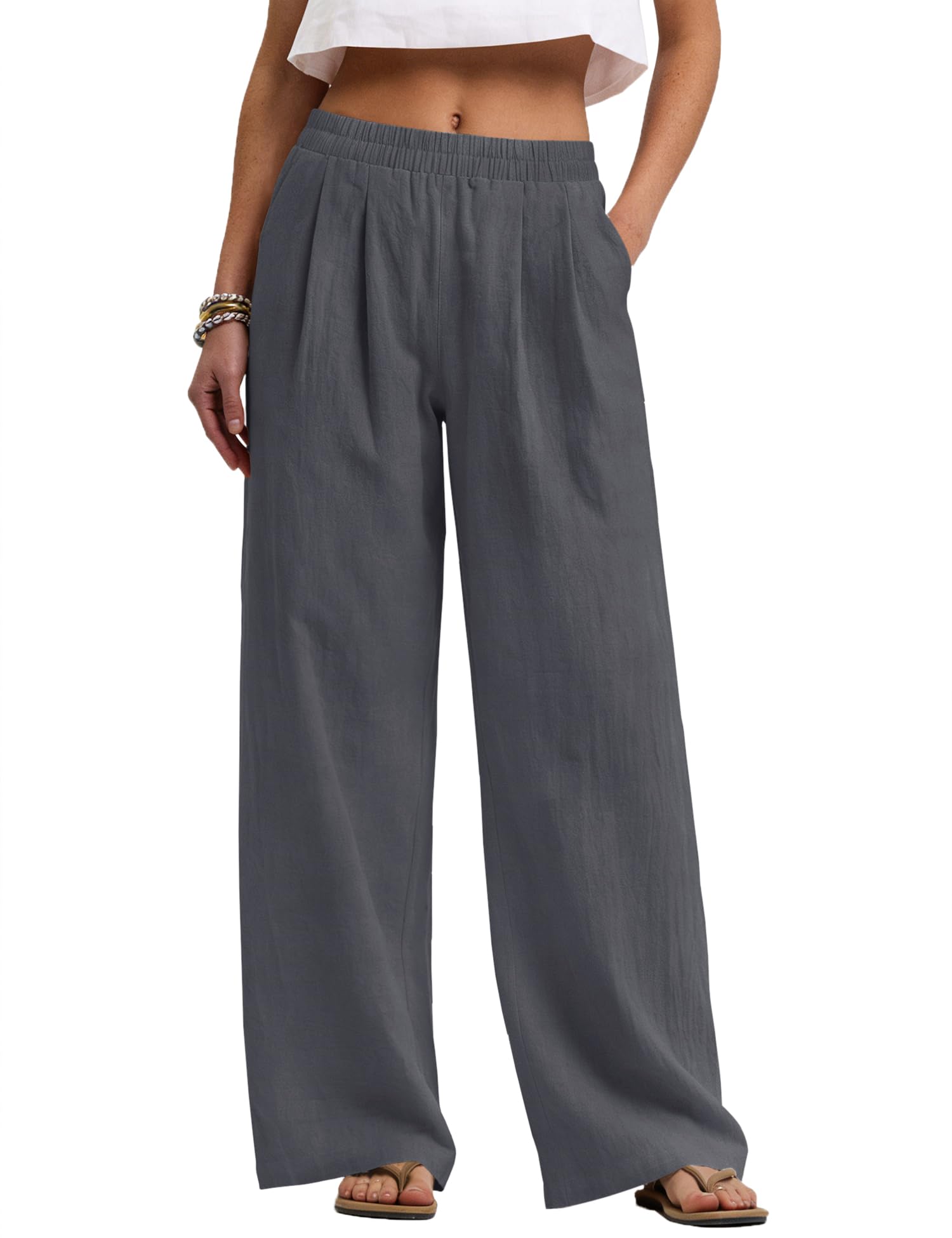 LOMON Cotton Linen Pants Women Wide Leg Palazzo Pants Beach Vacation Outfits Summer 2026 Flowy Clothes Trousers with Pockets