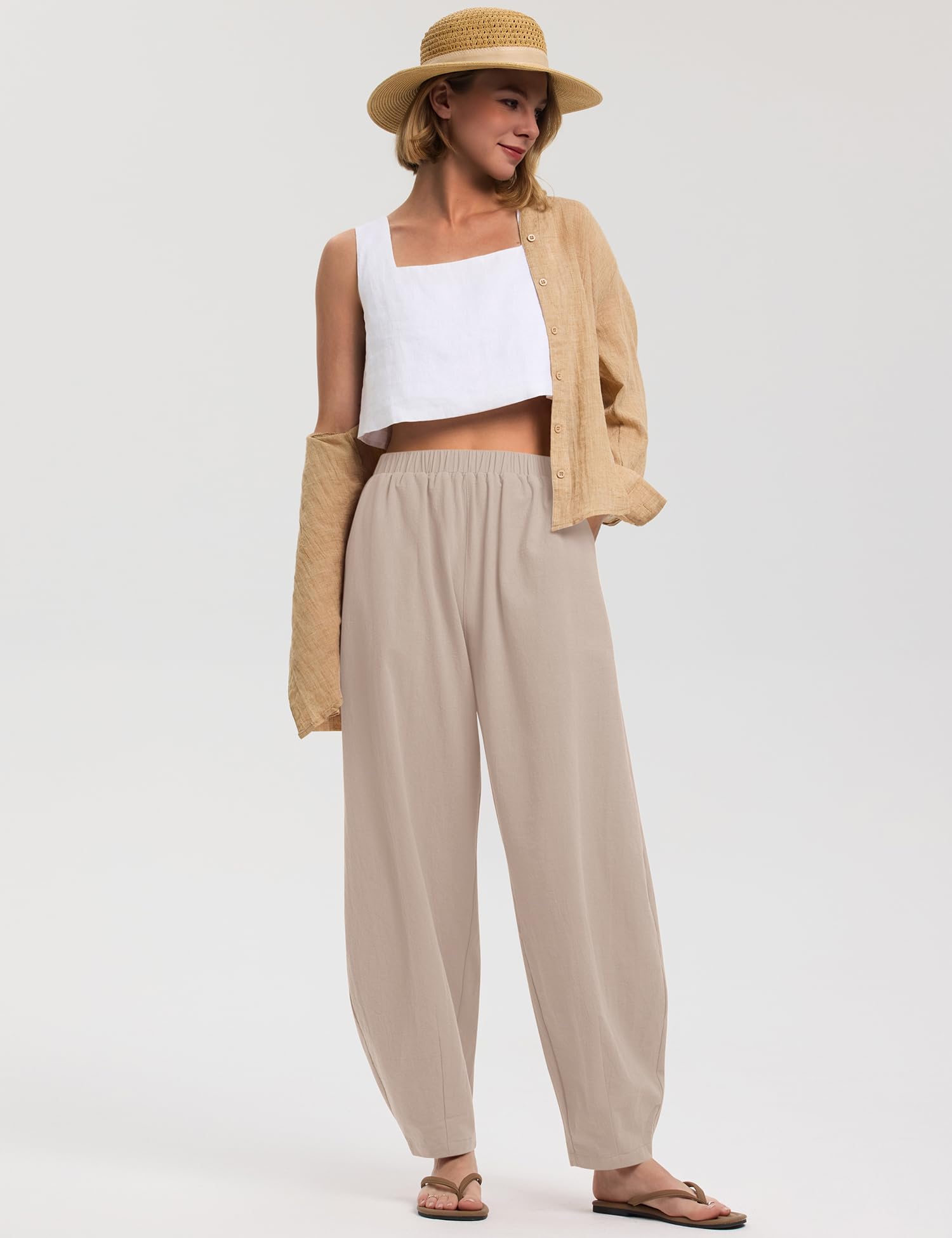 LOMON Linen Barrel Pants Women Wide Leg Palazzo Summer Baggy Harem Pants Boho Casual Trousers with Pockets Beach Vacation