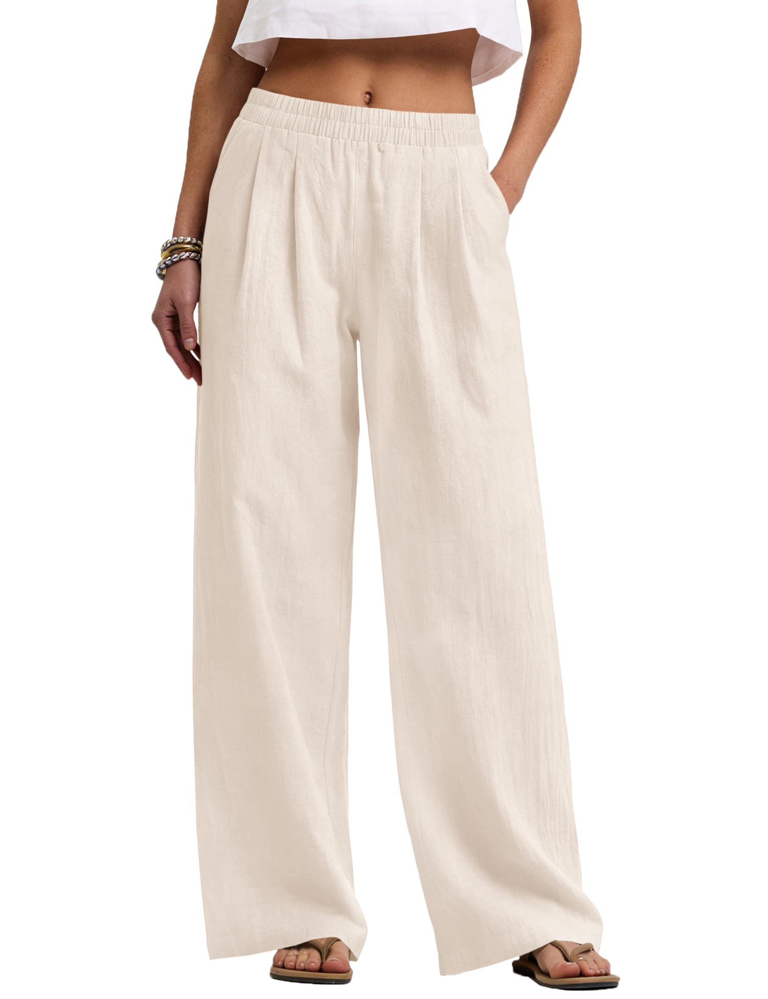 LOMON Cotton Linen Pants Women Wide Leg Palazzo Pants Beach Vacation Outfits Summer 2026 Flowy Clothes Trousers with Pockets