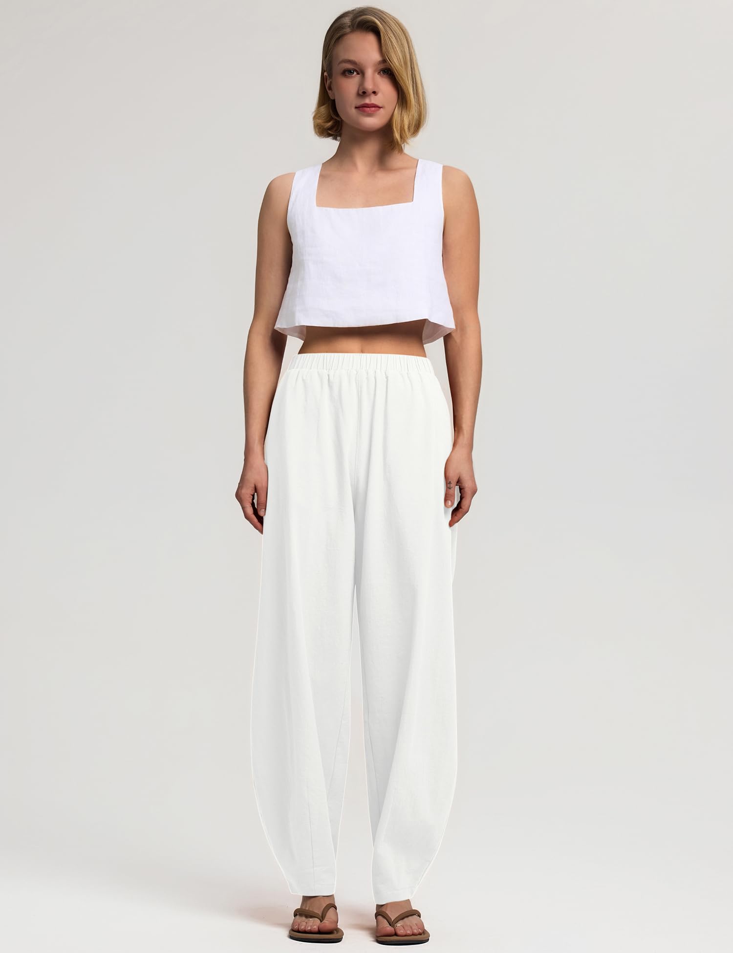 LOMON Linen Barrel Pants Women Wide Leg Palazzo Summer Baggy Harem Pants Boho Casual Trousers with Pockets Beach Vacation