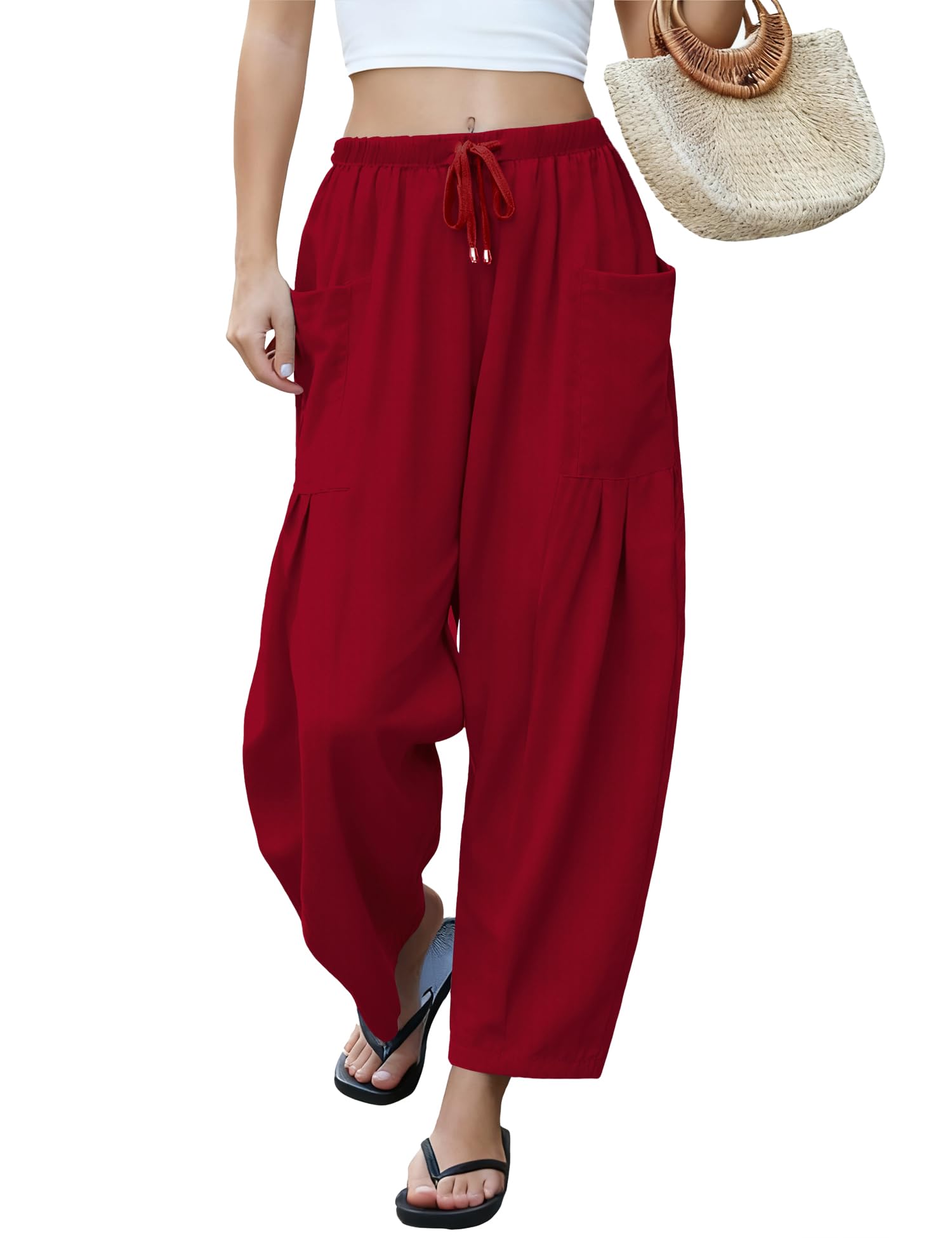 LOMON Womens Wide Leg Linen Pants Casual Drawstring Palazzo Harem Pants Summer Loose Beach Travel Vacation Pants with Pockets