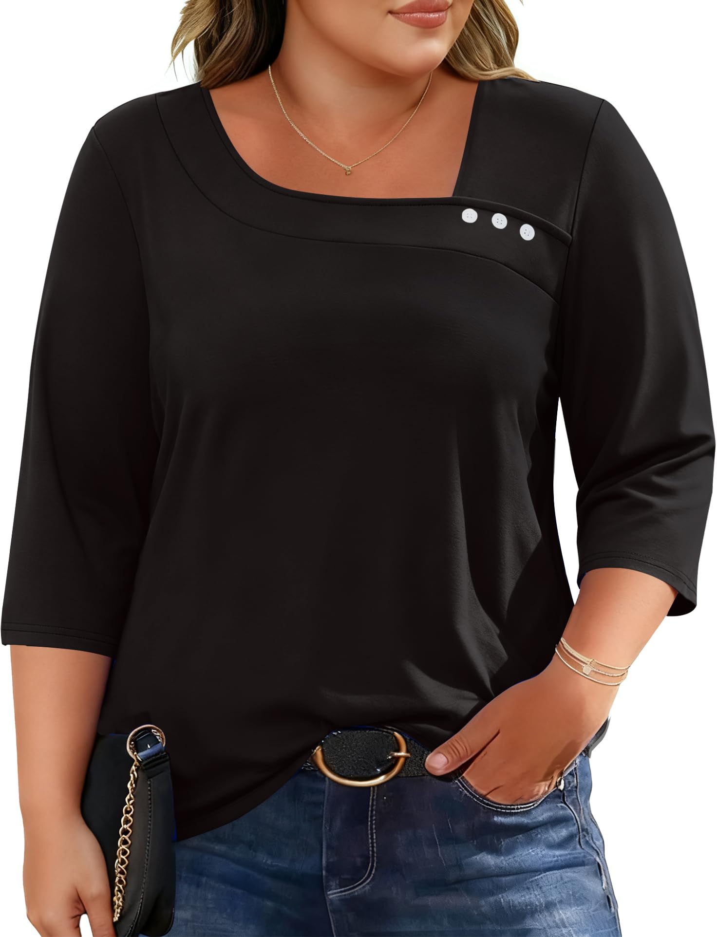LOMON Womens Plus Size Tops 3/4 Length Sleeve T Shirts Asymmetrical Neck Blouses for Women Fashion 2026