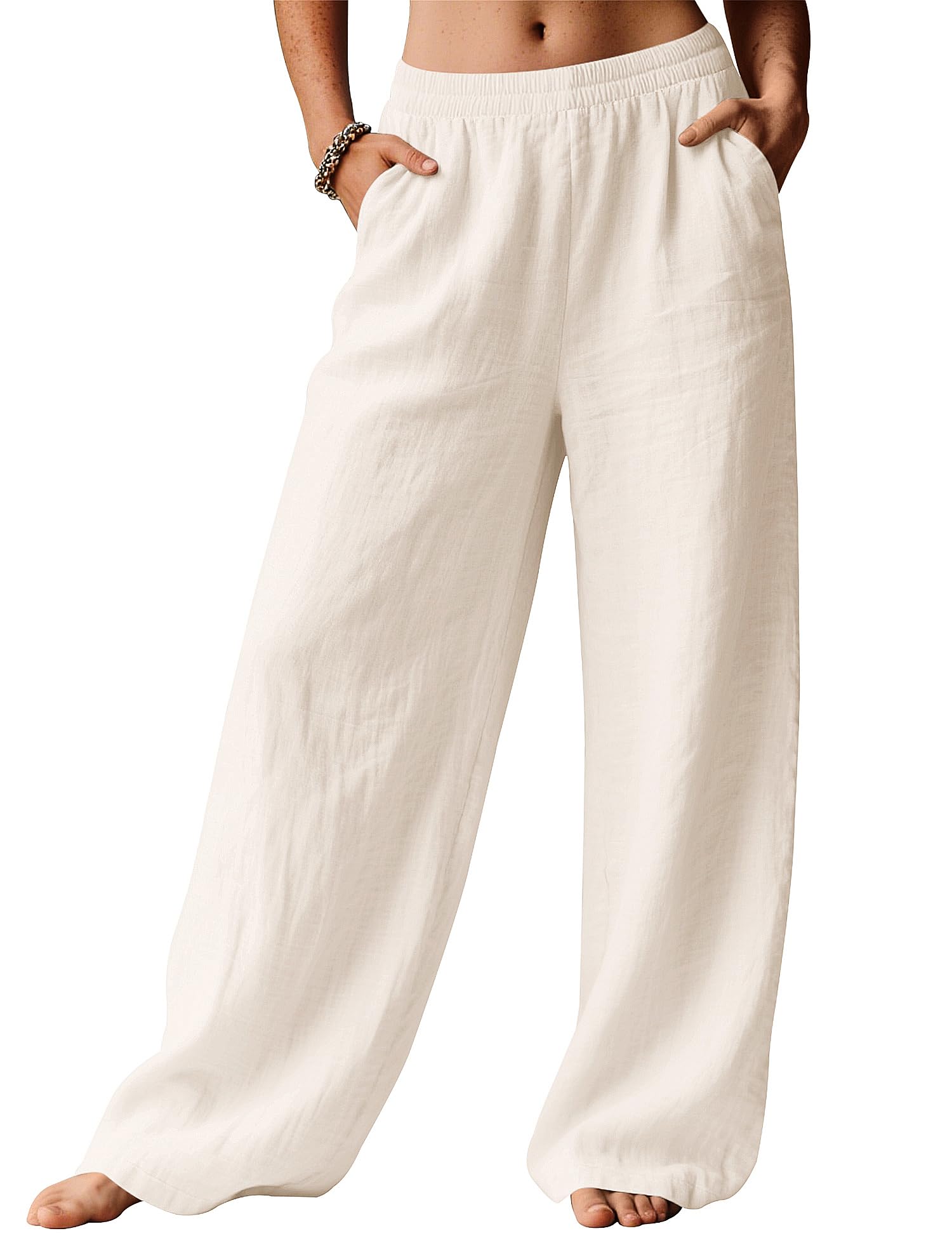 LOMON Linen Pants Women Wide Leg Palazzo Summer Flowy Pants Beach Vacation Clothes Elastic Waist Travel Trousers with Pockets