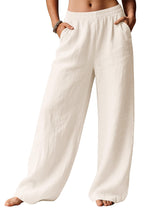 LOMON Linen Pants Women Wide Leg Palazzo Summer Flowy Pants Beach Vacation Clothes Elastic Waist Travel Trousers with Pockets