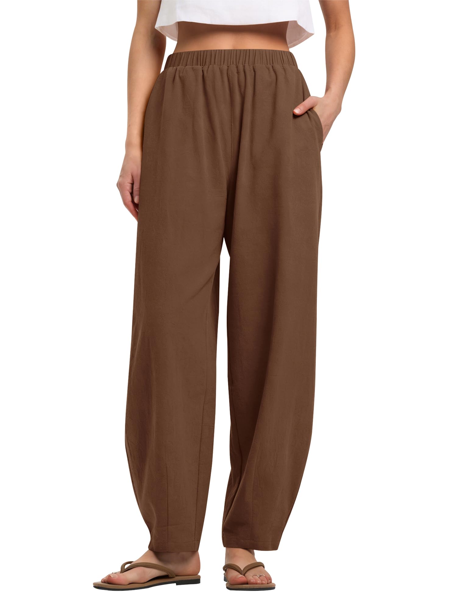 LOMON Linen Barrel Pants Women Wide Leg Palazzo Summer Baggy Harem Pants Boho Casual Trousers with Pockets Beach Vacation
