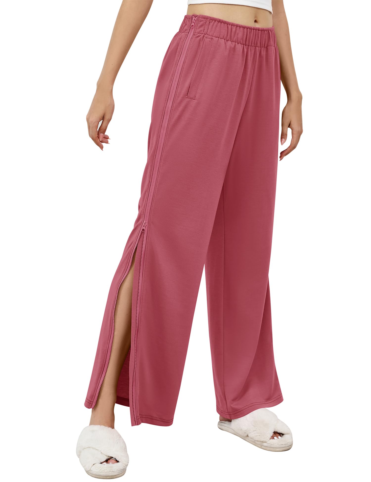 LOMON Womens Tear Away Pants Sides Full Open Sweatpants Double Slider Zip Off Post Surgery Pant with Pockets