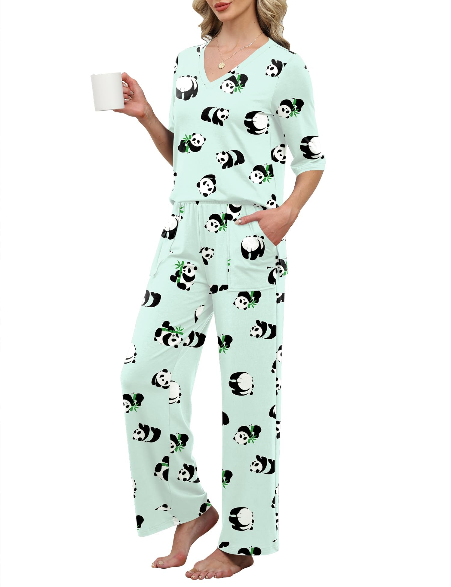 LOMON Women's 2 Piece Lounge Pajama Sets Soft 3/4 Sleeve Tops and Wide Leg Pants Loose Casual Outfits with Pockets