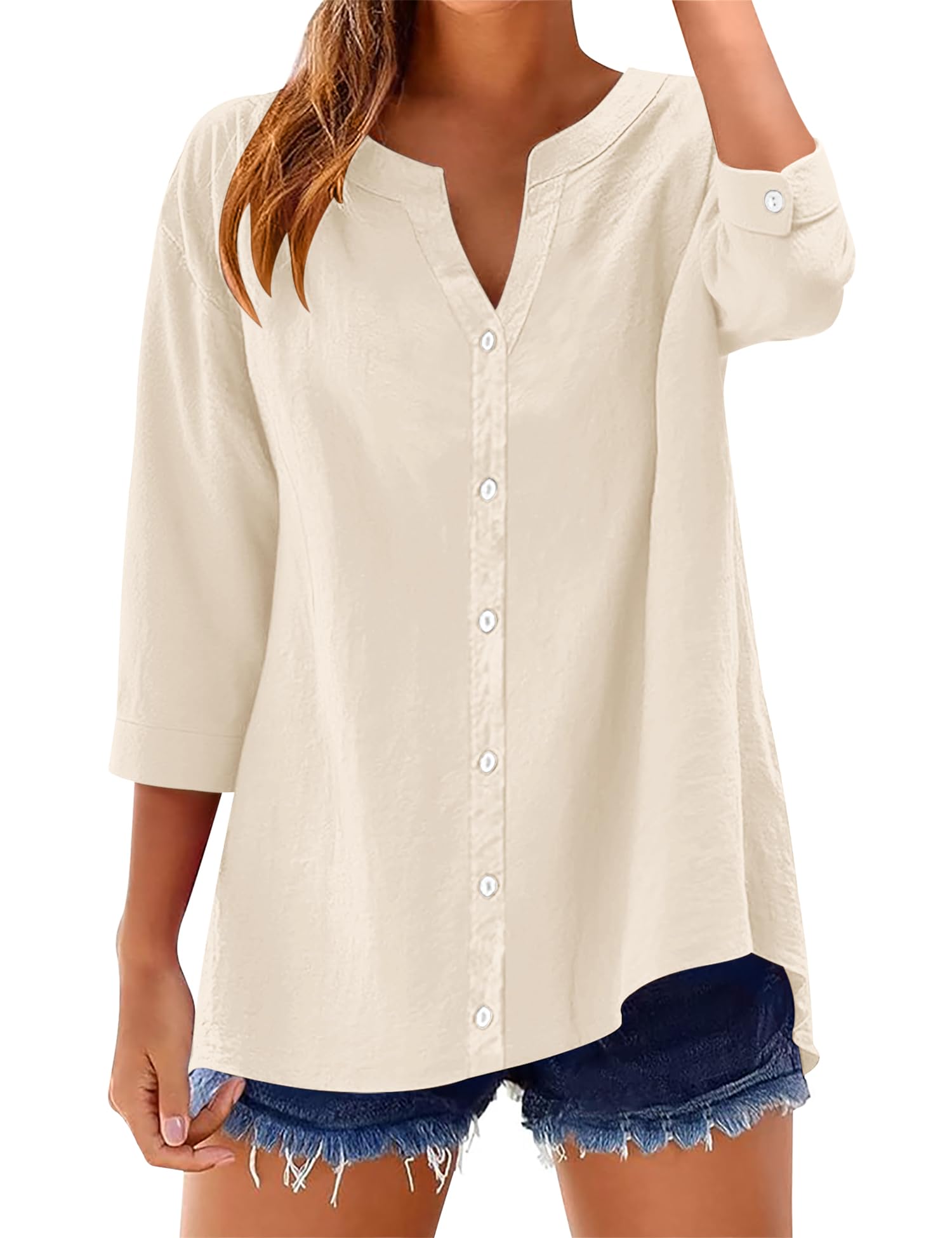 LOMON Womens 3/4 Sleeve Button Down Shirts Cotton Linen Roll Up Short Sleeve Tops V Neck Casual Loose Fit Blouses