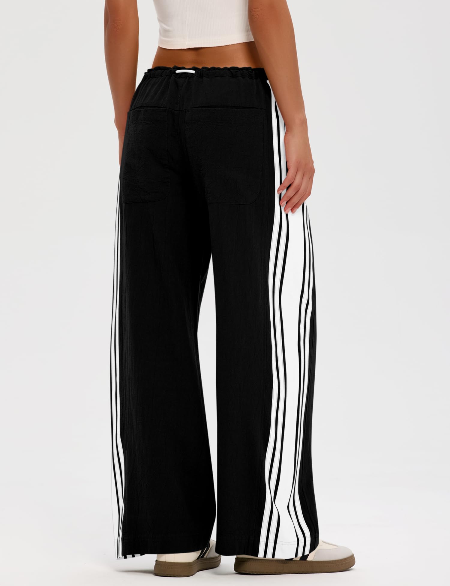 LOMON Pants for Women Wide Leg Side Striped Pants Drawstring Baggy Palazzo Work Trousers with Pockets