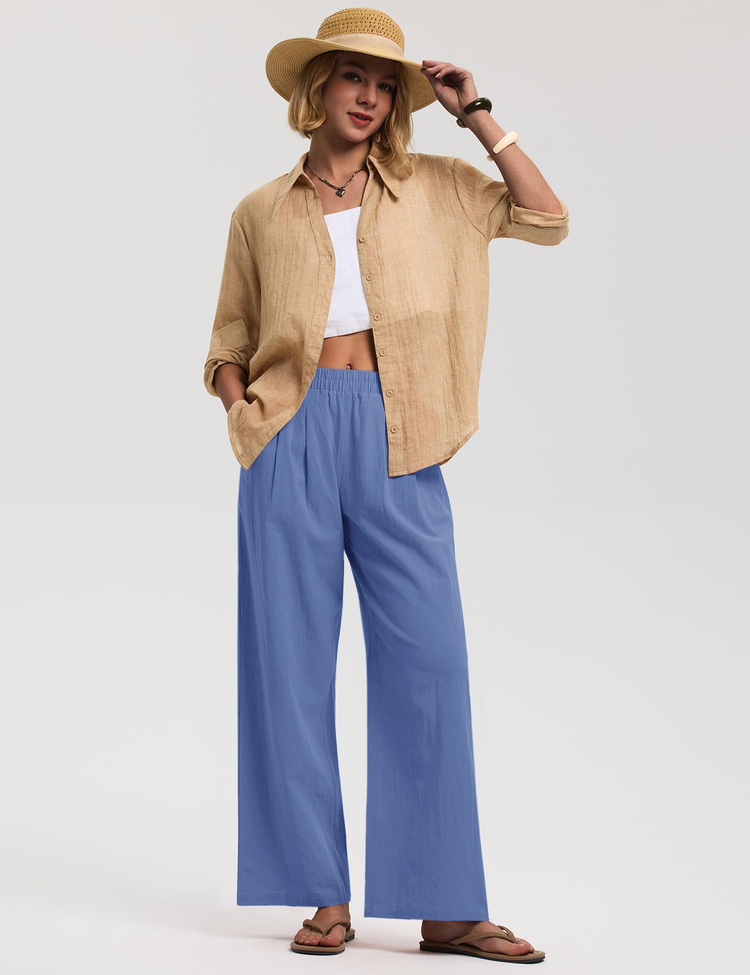 LOMON Cotton Linen Pants Women Wide Leg Palazzo Pants Beach Vacation Outfits Summer 2026 Flowy Clothes Trousers with Pockets