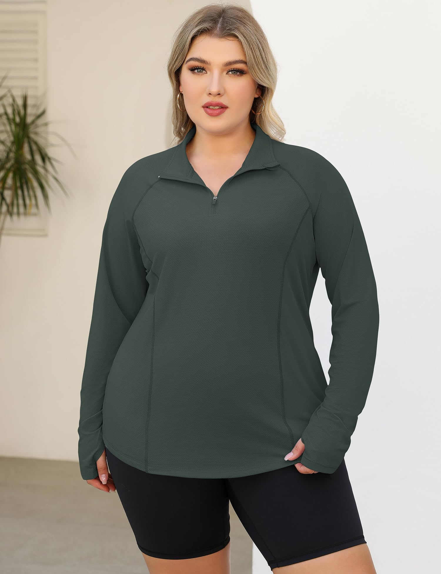 LOMON Womens Plus Size Workout Tops Long Sleeve 1/4 Zip UV Sun Protection Quick Dry Hiking Athletic Shirts Rash Guard UPF 50+