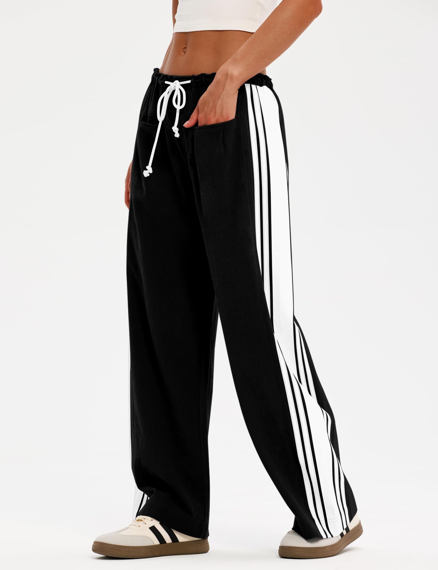 LOMON Pants for Women Wide Leg Side Striped Pants Drawstring Baggy Palazzo Work Trousers with Pockets