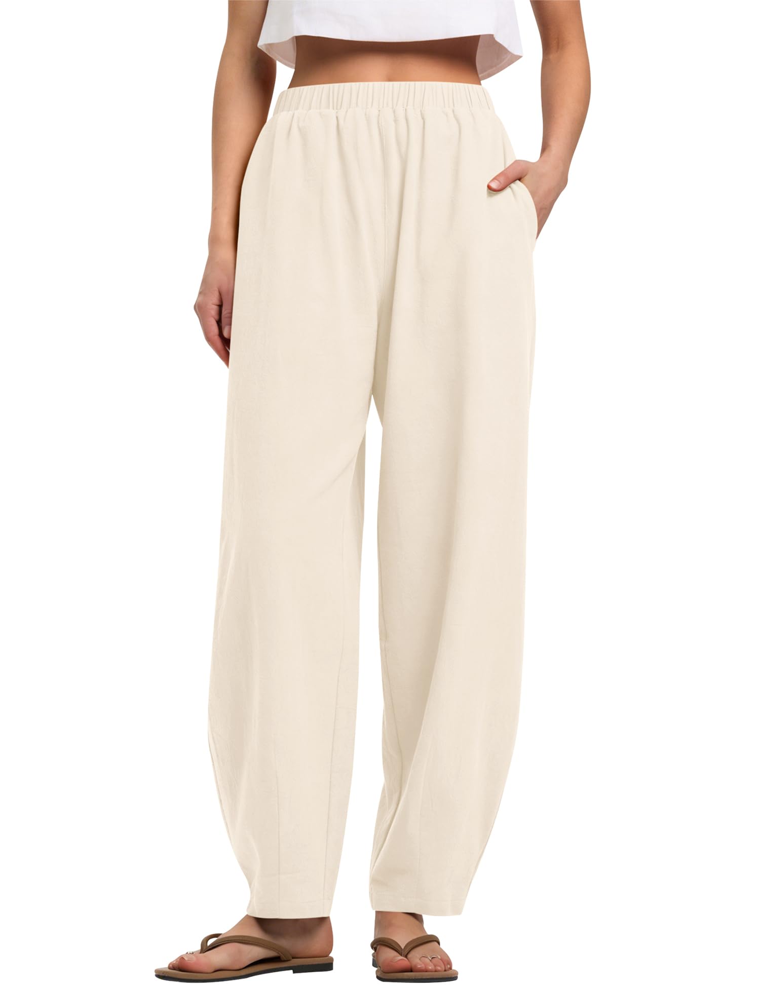 LOMON Linen Barrel Pants Women Wide Leg Palazzo Summer Baggy Harem Pants Boho Casual Trousers with Pockets Beach Vacation