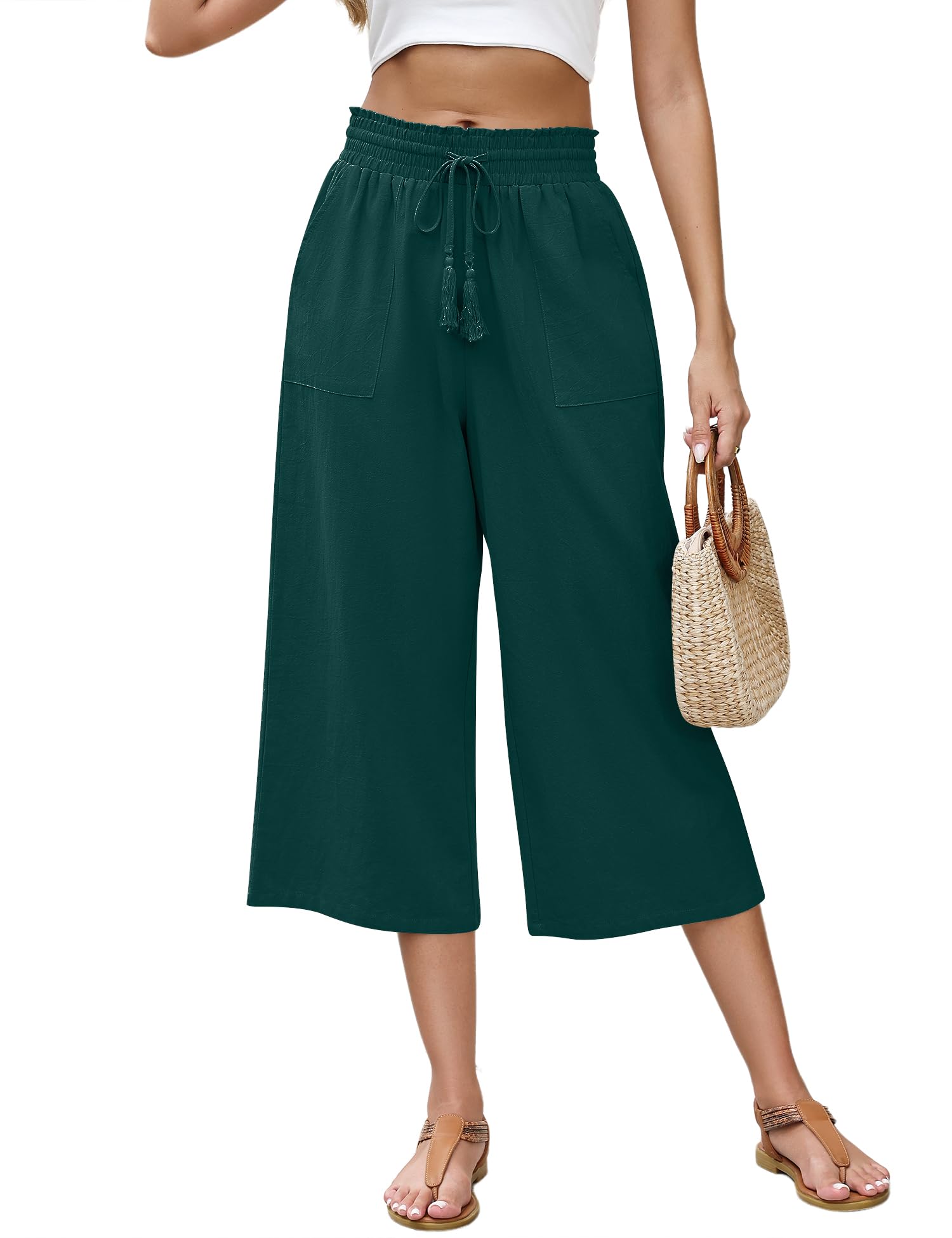 LOMON Women's Linen Capri Pants Wide Leg with Drawstring Elastic Waist Casual Cropped Pant