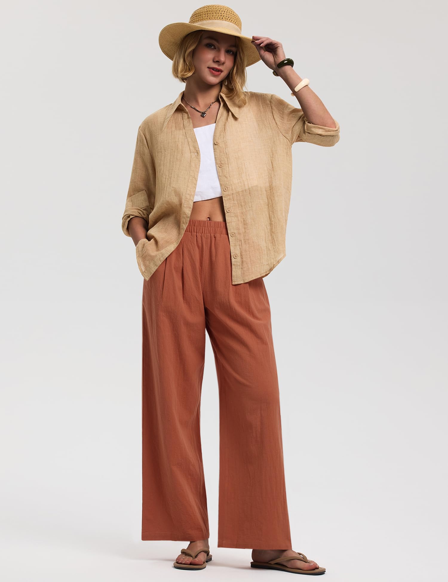 LOMON Cotton Linen Pants Women Wide Leg Palazzo Pants Beach Vacation Outfits Summer 2026 Flowy Clothes Trousers with Pockets