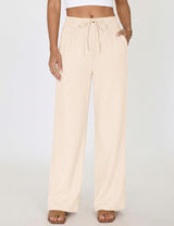 LOMON Womens Linen Pants Summer Wide Leg Cotton Pants Drawstring Elastic Waist Casual Loose Slacks Work Trousers with Pockets