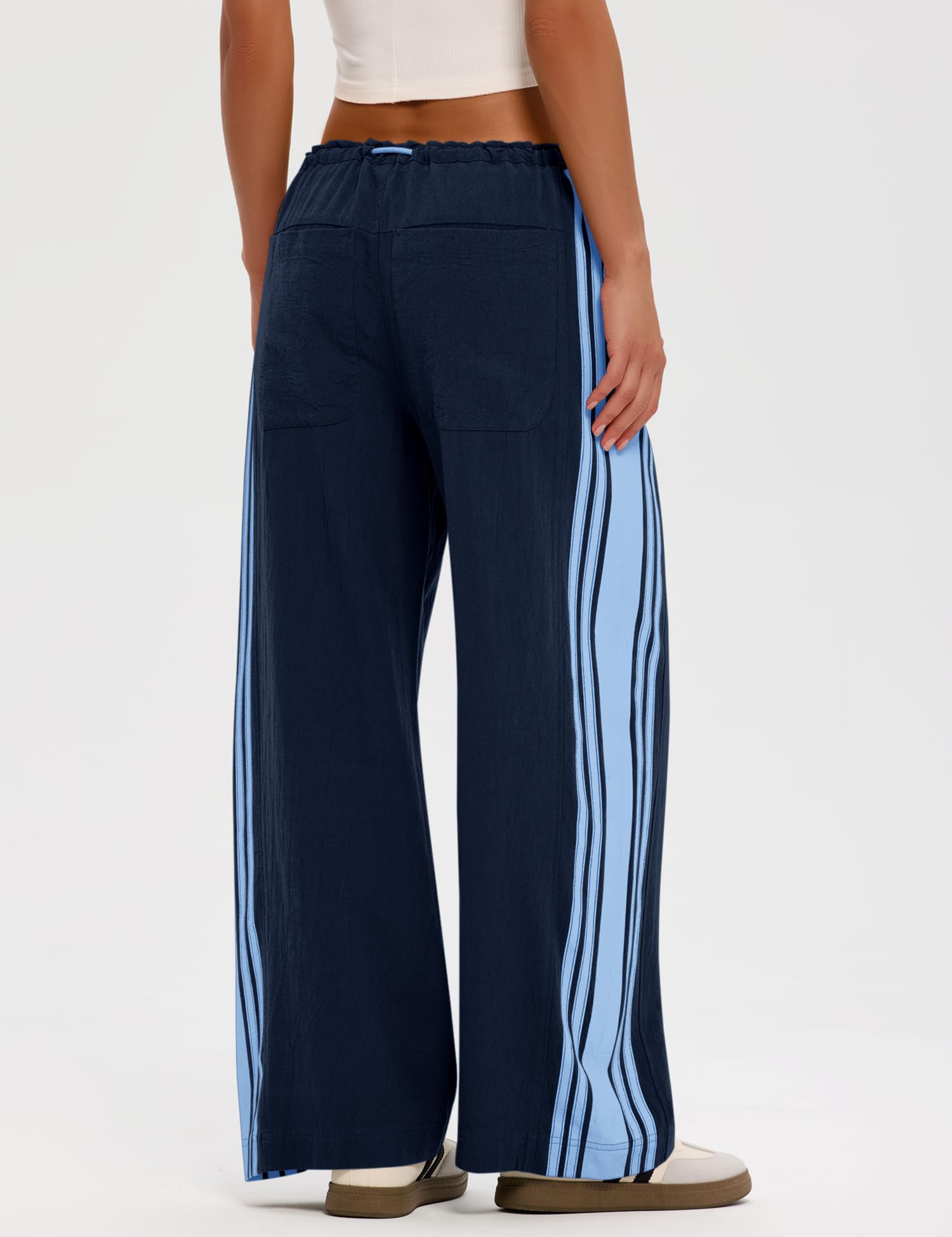 LOMON Pants for Women Wide Leg Side Striped Pants Drawstring Baggy Palazzo Work Trousers with Pockets