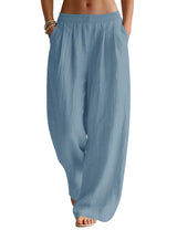 LOMON Linen Pants Women Wide Leg Palazzo Summer Flowy Pants Beach Vacation Clothes Elastic Waist Travel Trousers with Pockets