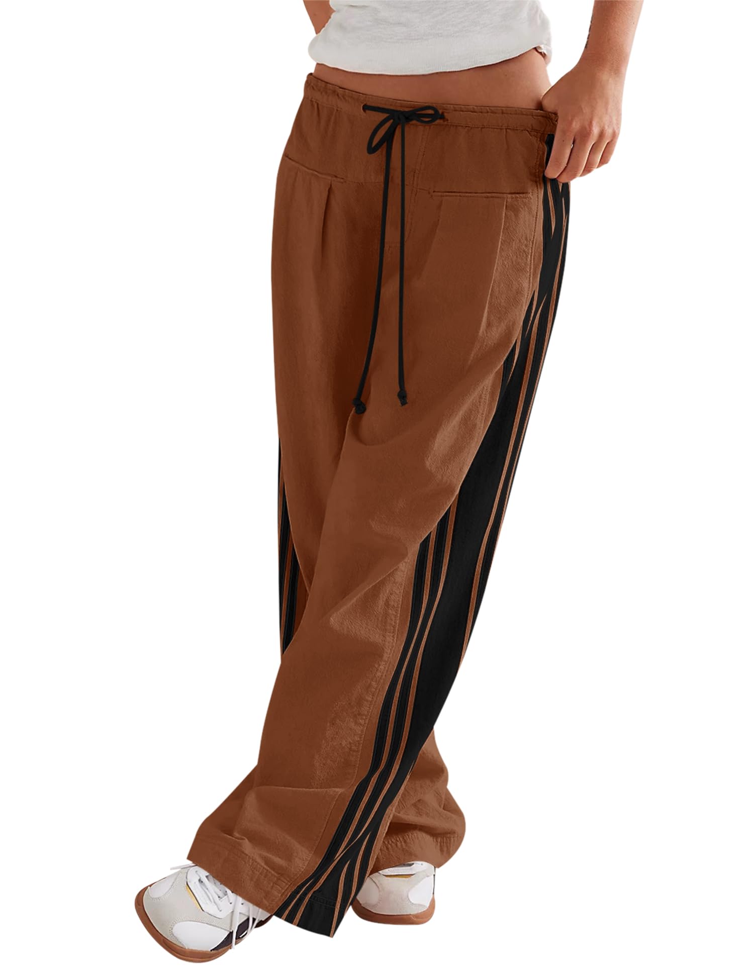 LOMON Pants for Women Wide Leg Side Striped Pants Drawstring Baggy Palazzo Work Trousers with Pockets