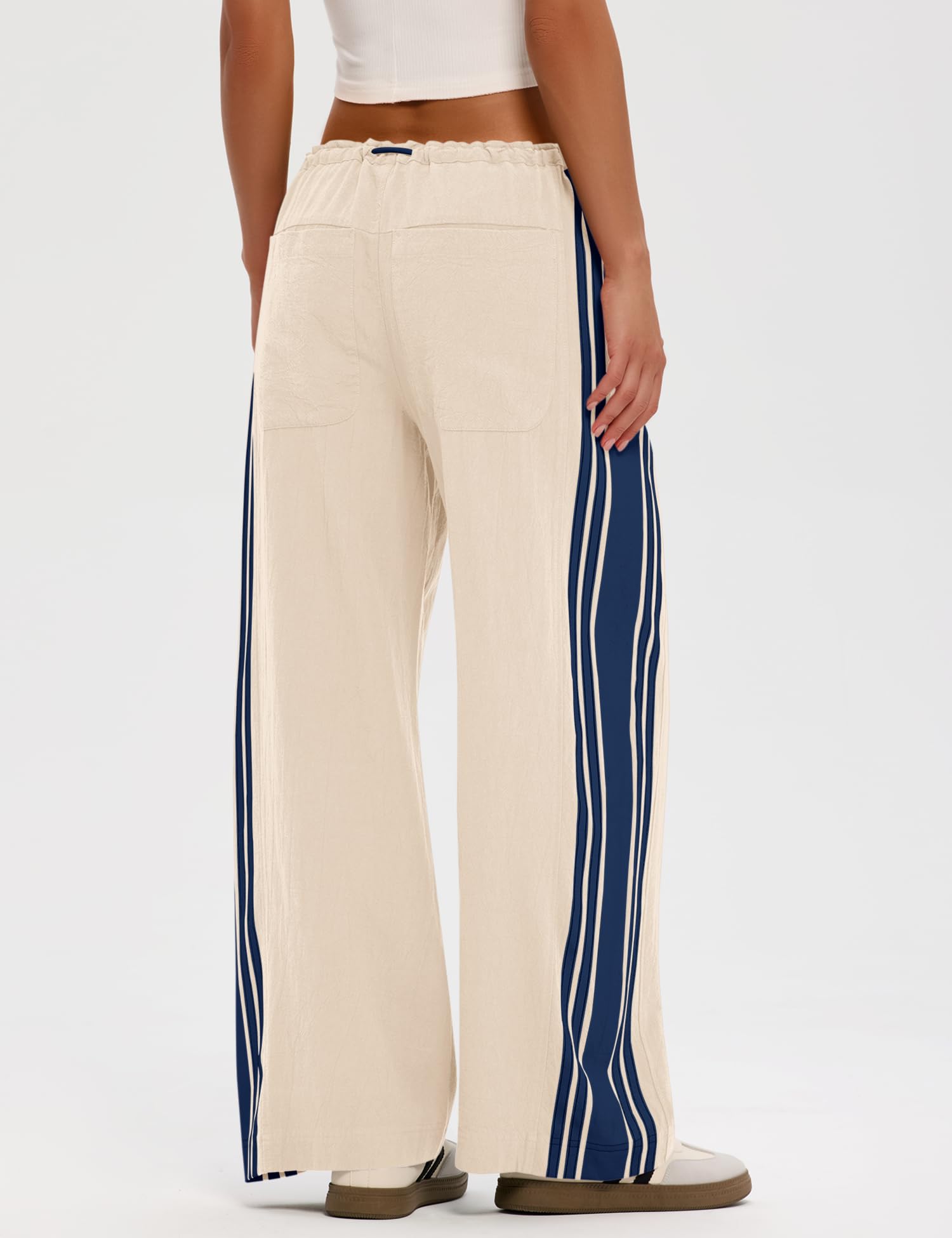 LOMON Pants for Women Wide Leg Side Striped Pants Drawstring Baggy Palazzo Work Trousers with Pockets