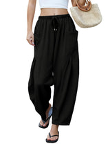 LOMON Womens Wide Leg Linen Pants Casual Drawstring Palazzo Harem Pants Summer Loose Beach Travel Vacation Pants with Pockets