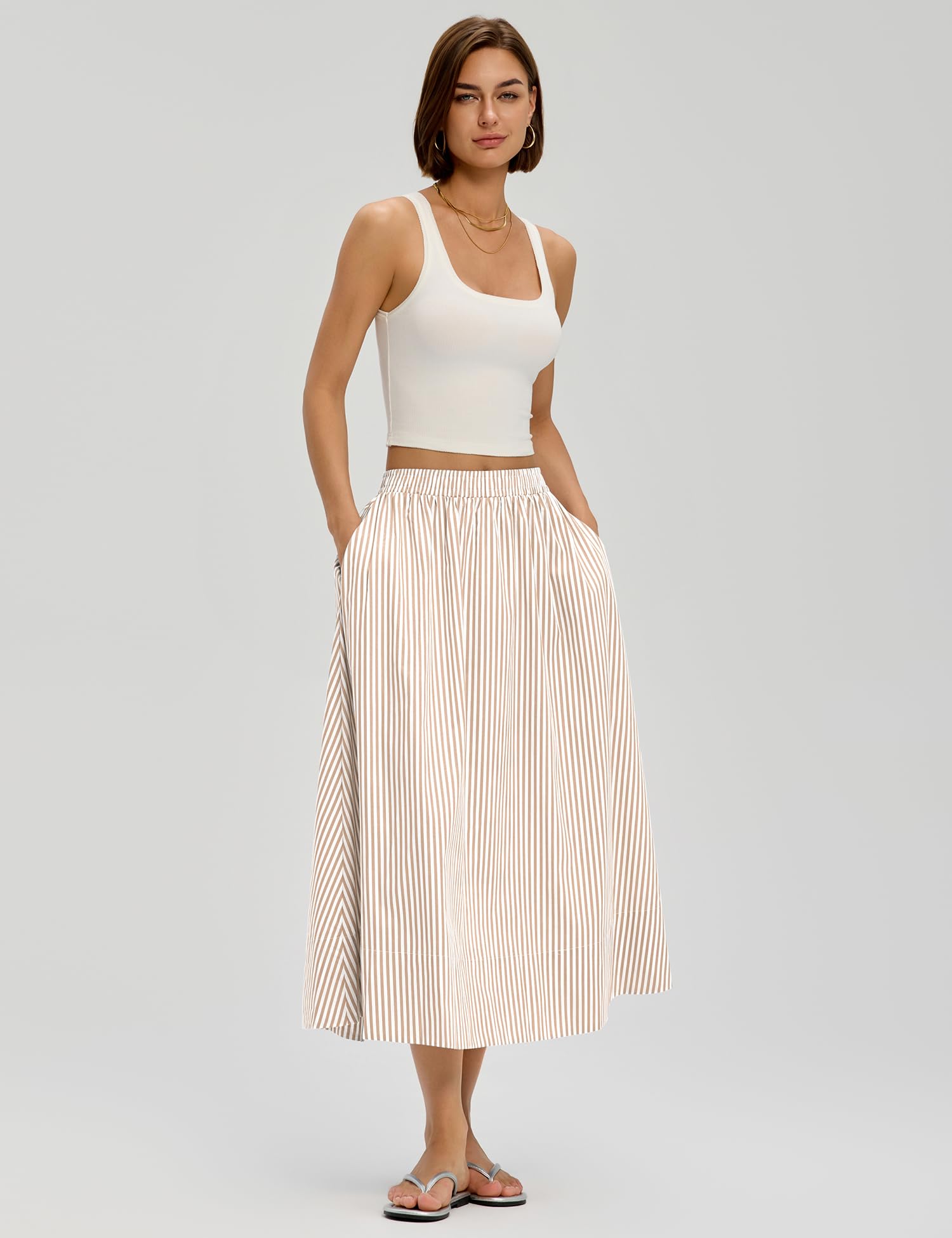 LOMON Midi Skirts for Women A-Line Cotton Flowy Maxi Skirt Boho Summer Beach Casual Elastic Waist Dress Outfit with Pockets