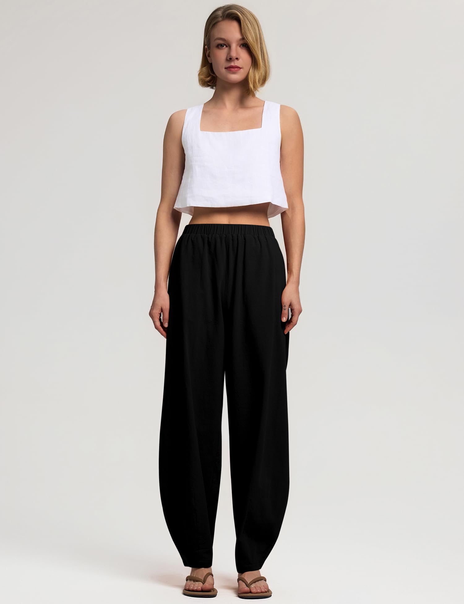 LOMON Linen Barrel Pants Women Wide Leg Palazzo Summer Baggy Harem Pants Boho Casual Trousers with Pockets Beach Vacation
