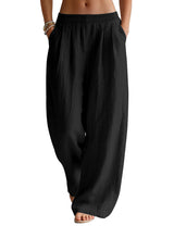 LOMON Linen Pants Women Wide Leg Palazzo Summer Flowy Pants Beach Vacation Clothes Elastic Waist Travel Trousers with Pockets