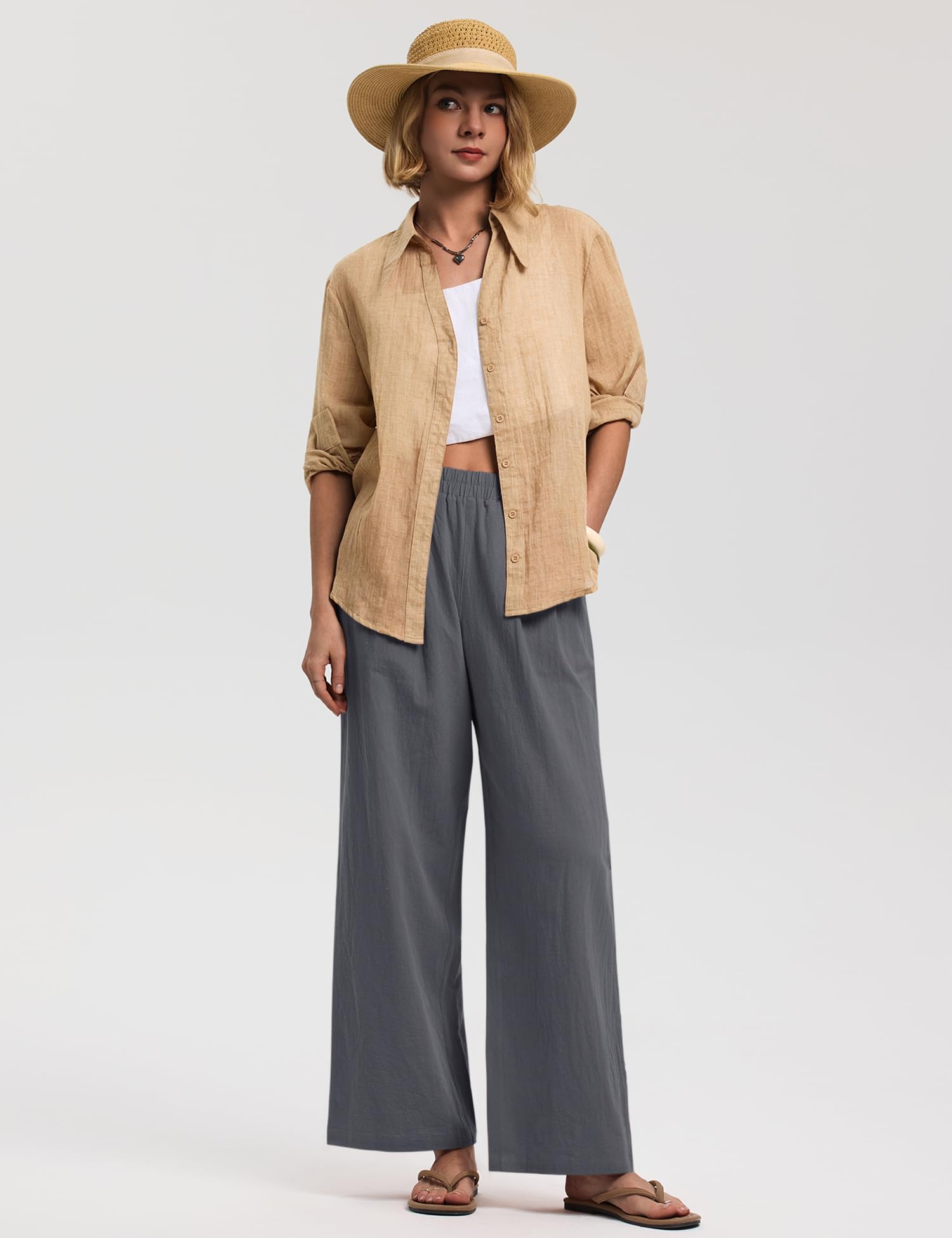 LOMON Cotton Linen Pants Women Wide Leg Palazzo Pants Beach Vacation Outfits Summer 2026 Flowy Clothes Trousers with Pockets