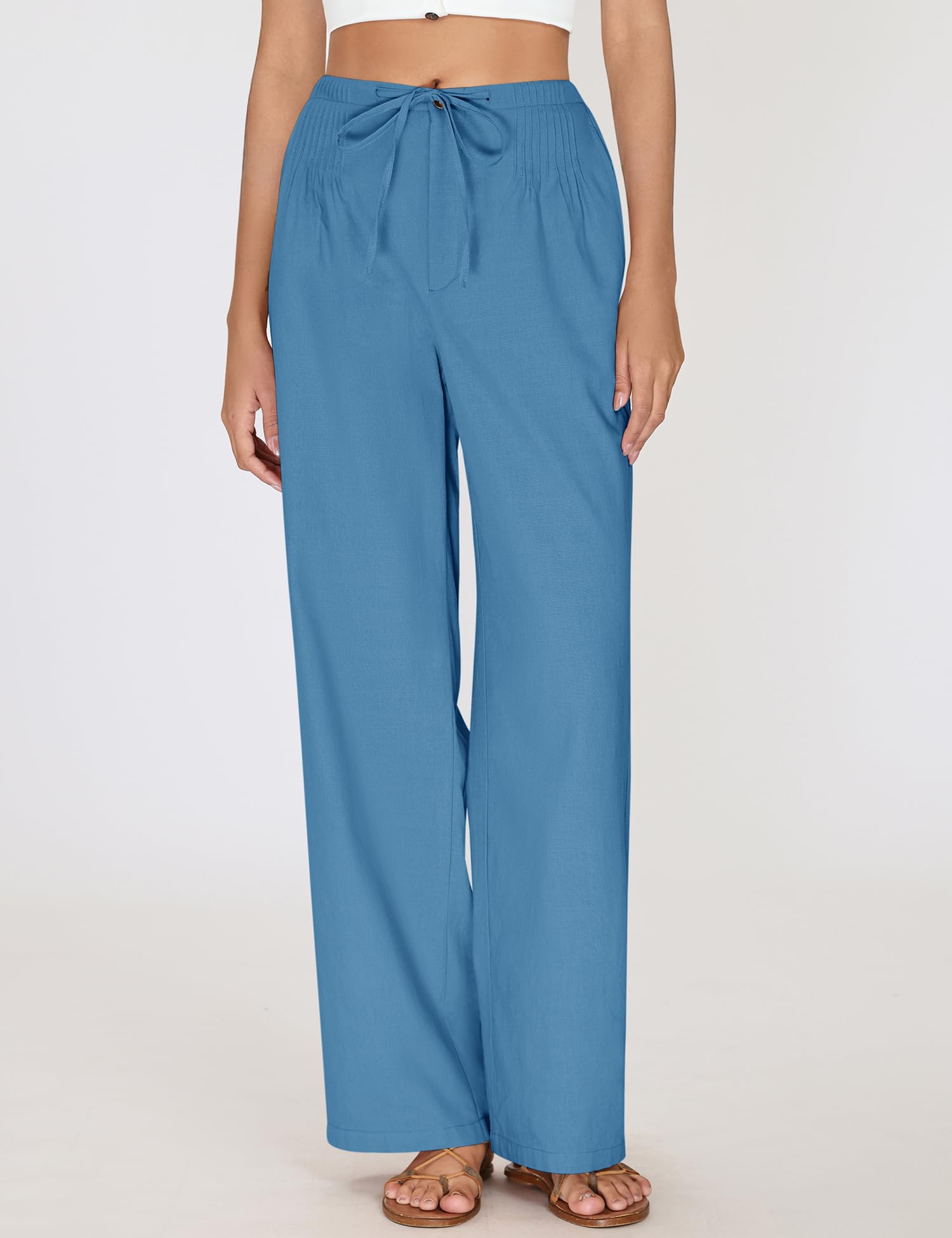 LOMON Womens Linen Pants Summer Wide Leg Cotton Pants Drawstring Elastic Waist Casual Loose Slacks Work Trousers with Pockets