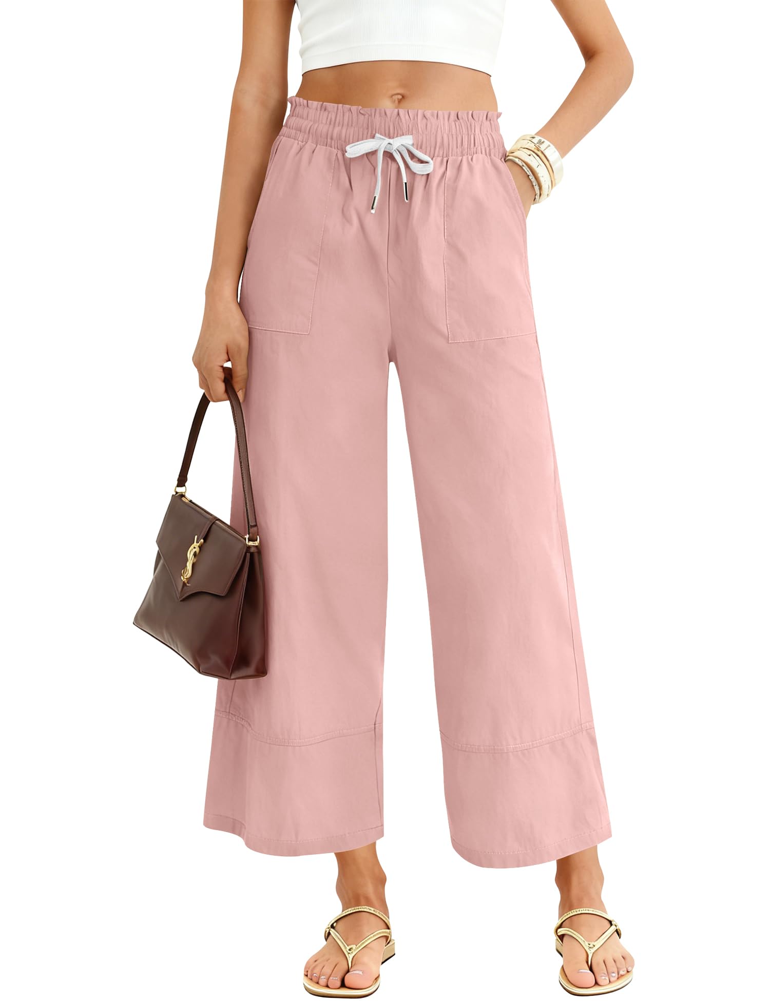 LOMON Women's Casual Wide Leg Pants Drawstring Elastic Waist Flowy Palazzo Pants with Pockets