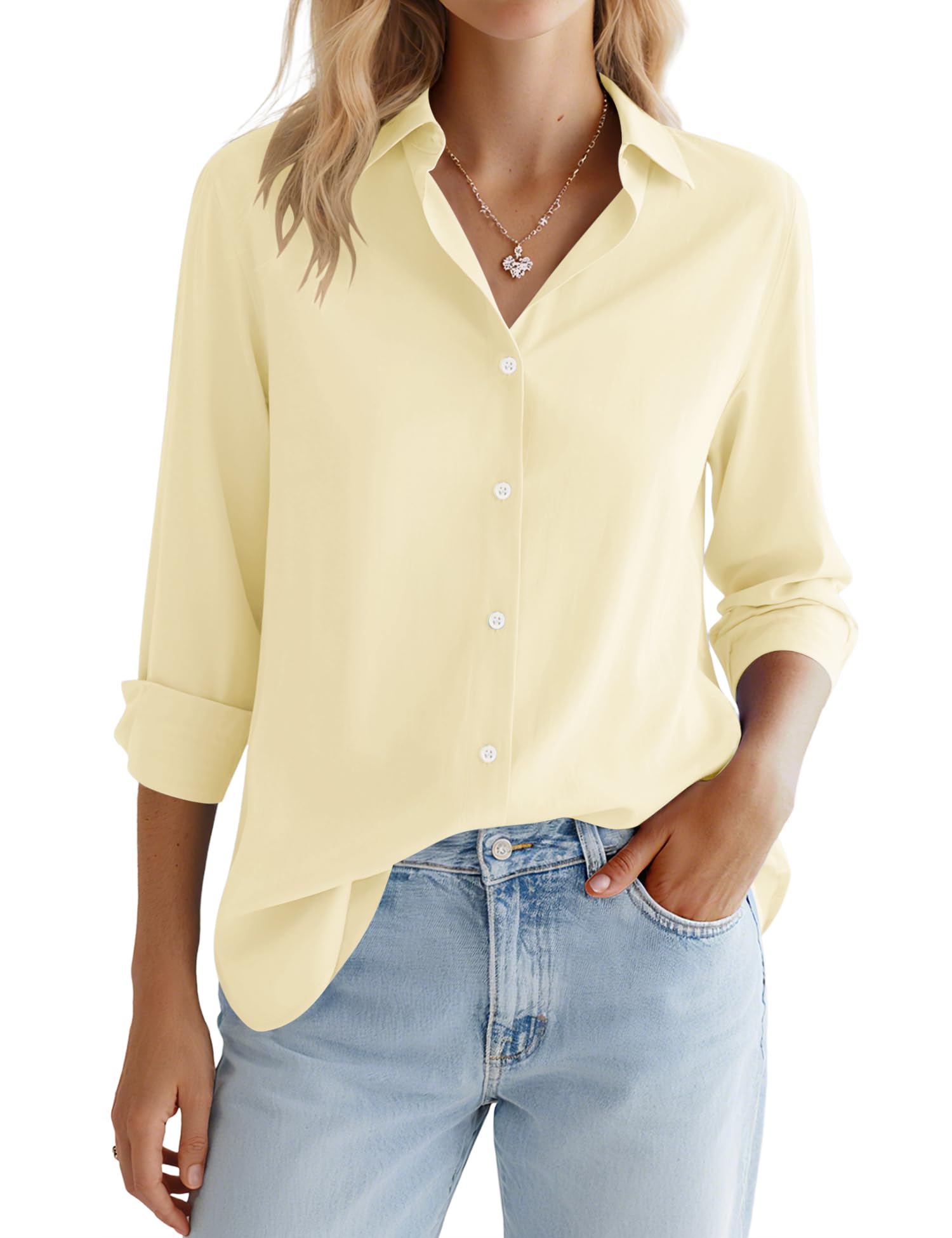 LOMON Button Down Shirt for Women Spring Summer Tops Long Sleeve Business Dressy Casual Blouses Collared Work Outfits Clothes