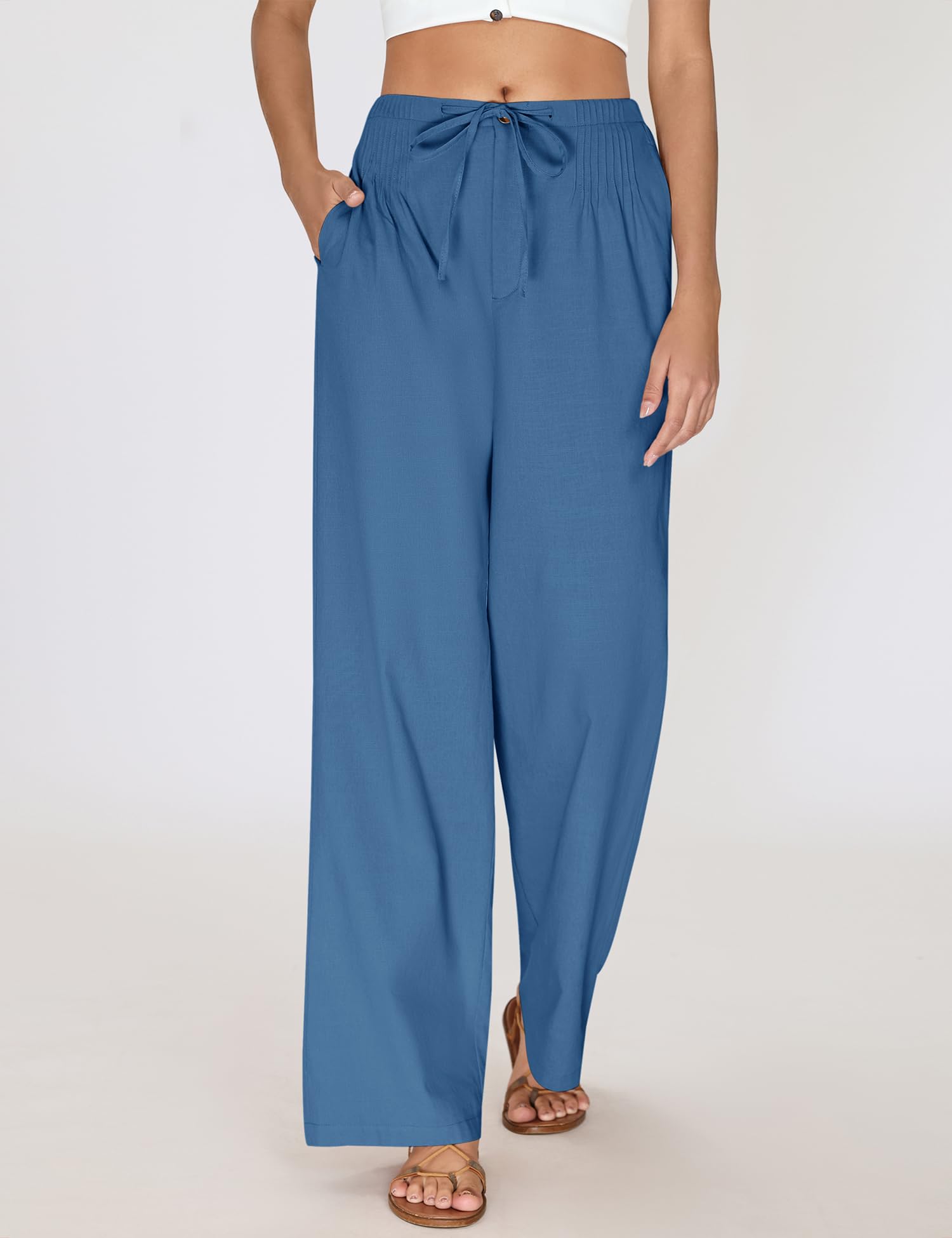 LOMON Womens Linen Pants Summer Wide Leg Cotton Pants Drawstring Elastic Waist Casual Loose Slacks Work Trousers with Pockets
