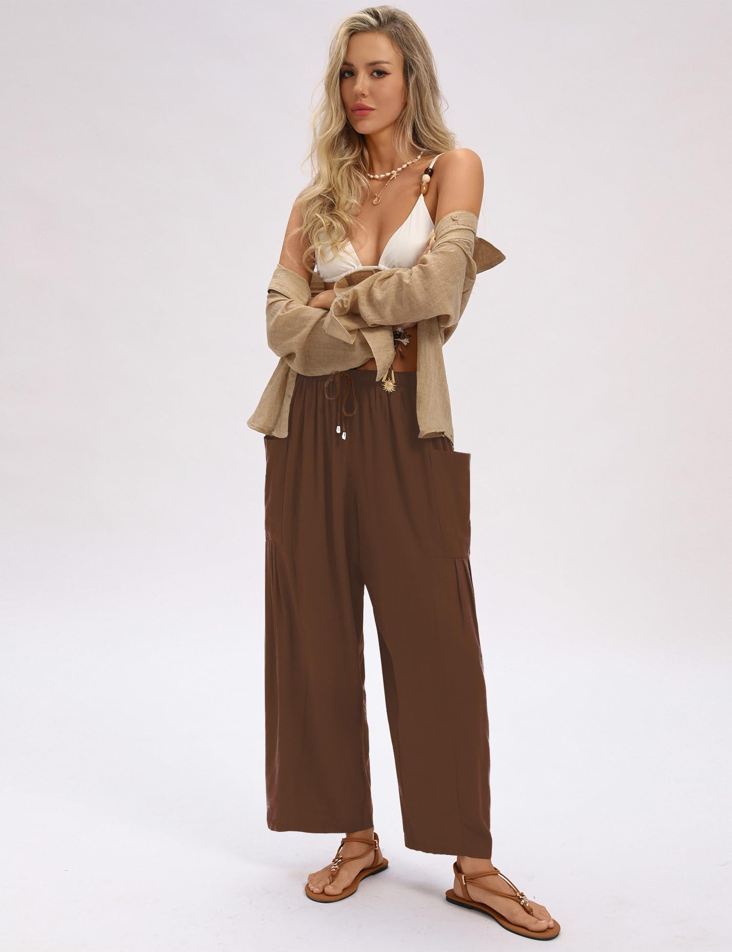 LOMON Womens Wide Leg Linen Pants Casual Drawstring Palazzo Harem Pants Summer Loose Beach Travel Vacation Pants with Pockets