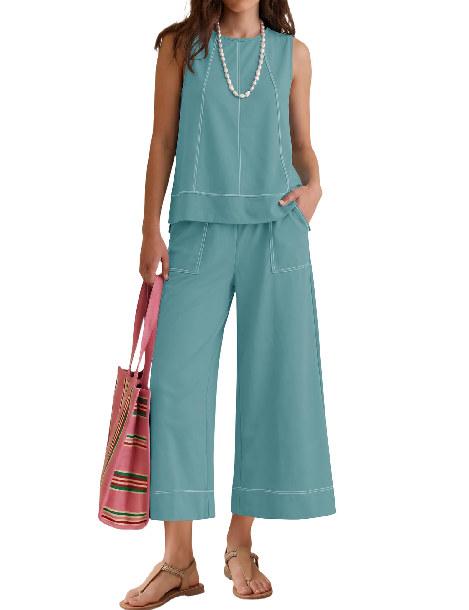 LOMON Two Piece Sets for Women Summer Outfits Sleeveless Tank Tops Wide Leg Crop Pants Matching Lounge Vacation Travel
