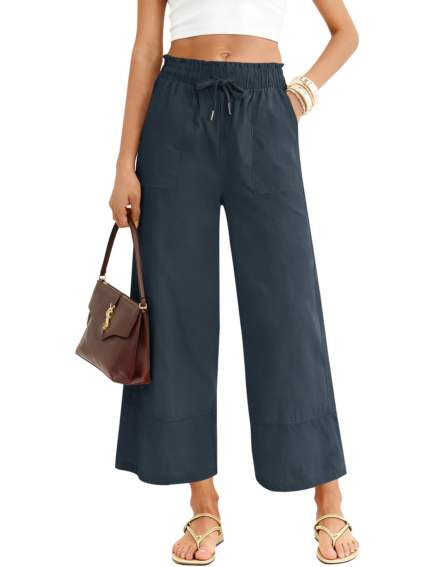 LOMON Women's Casual Wide Leg Pants Drawstring Elastic Waist Flowy Palazzo Pants with Pockets