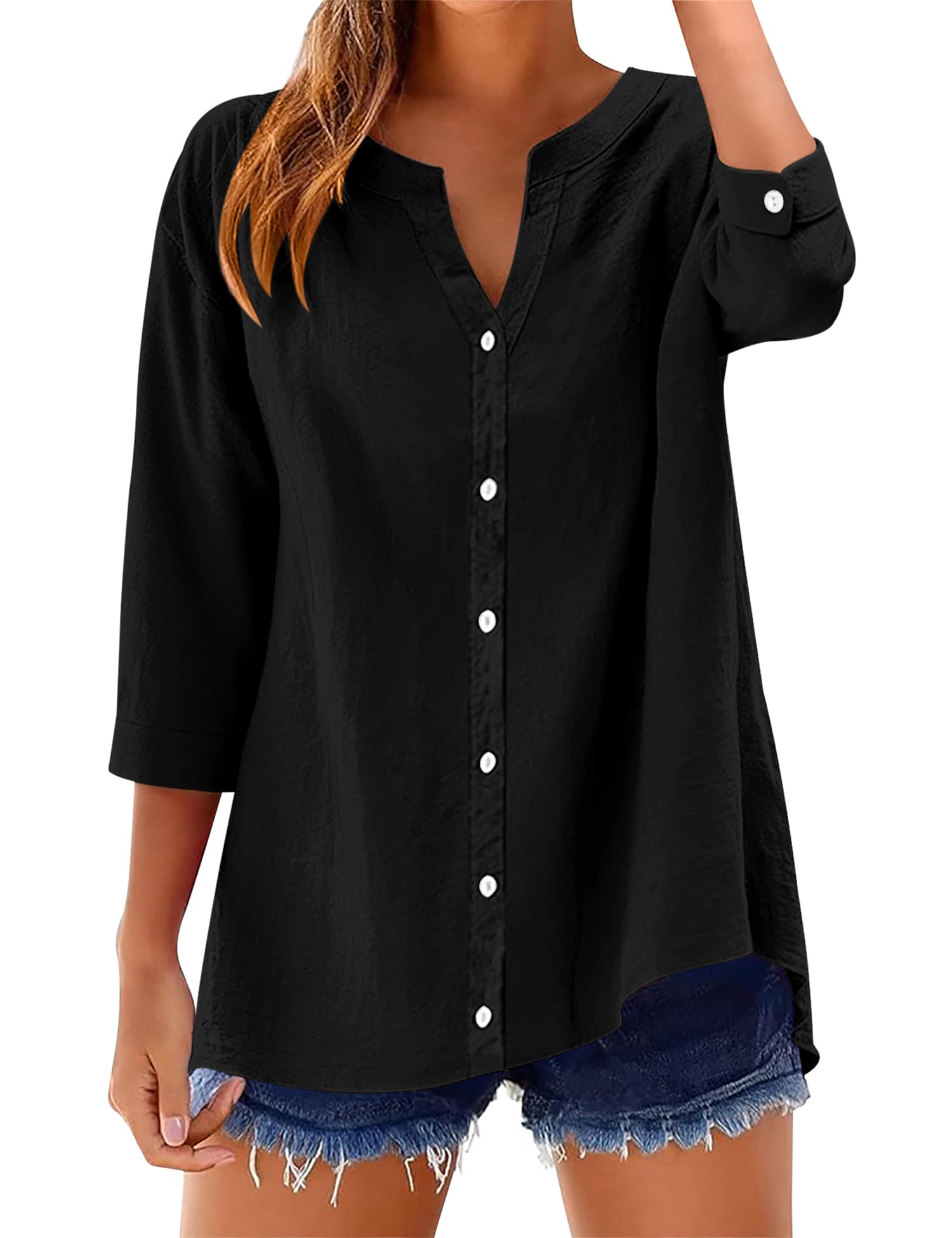 LOMON Womens 3/4 Sleeve Button Down Shirts Cotton Linen Roll Up Short Sleeve Tops V Neck Casual Loose Fit Blouses