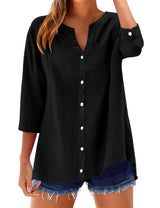 LOMON Womens 3/4 Sleeve Button Down Shirts Cotton Linen Roll Up Short Sleeve Tops V Neck Casual Loose Fit Blouses