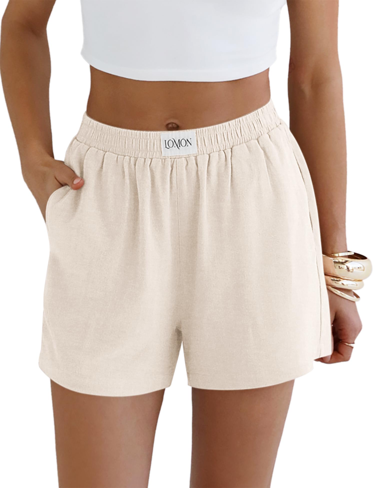 LOMON Linen Shorts for Women Summer Beach Casual Shorts Comfy Lightweight Vacation Cruise Outfits Lounge Pants with Pockets