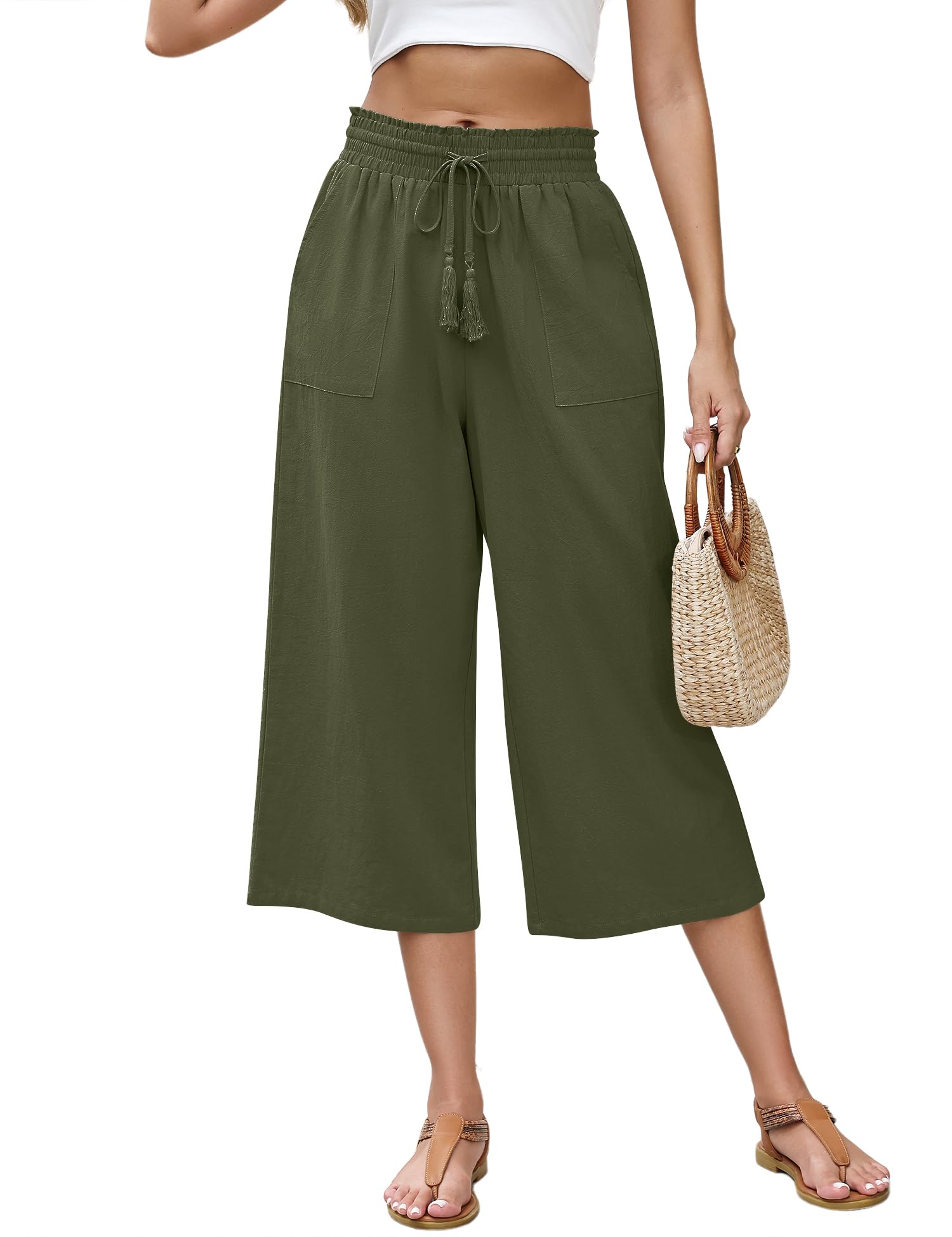 LOMON Women's Linen Capri Pants Wide Leg with Drawstring Elastic Waist Casual Cropped Pant