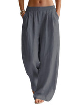 LOMON Linen Pants Women Wide Leg Palazzo Summer Flowy Pants Beach Vacation Clothes Elastic Waist Travel Trousers with Pockets