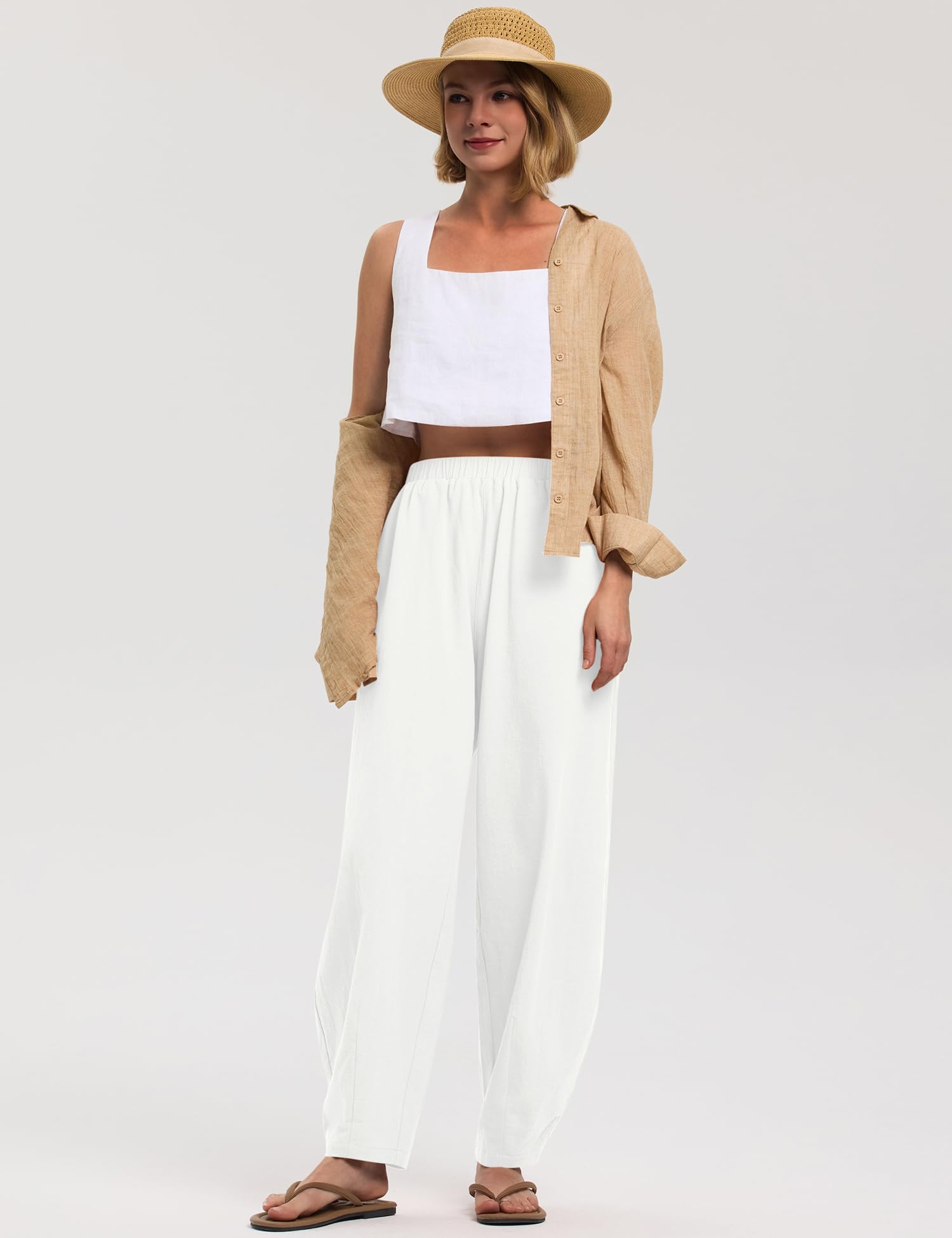 LOMON Linen Barrel Pants Women Wide Leg Palazzo Summer Baggy Harem Pants Boho Casual Trousers with Pockets Beach Vacation