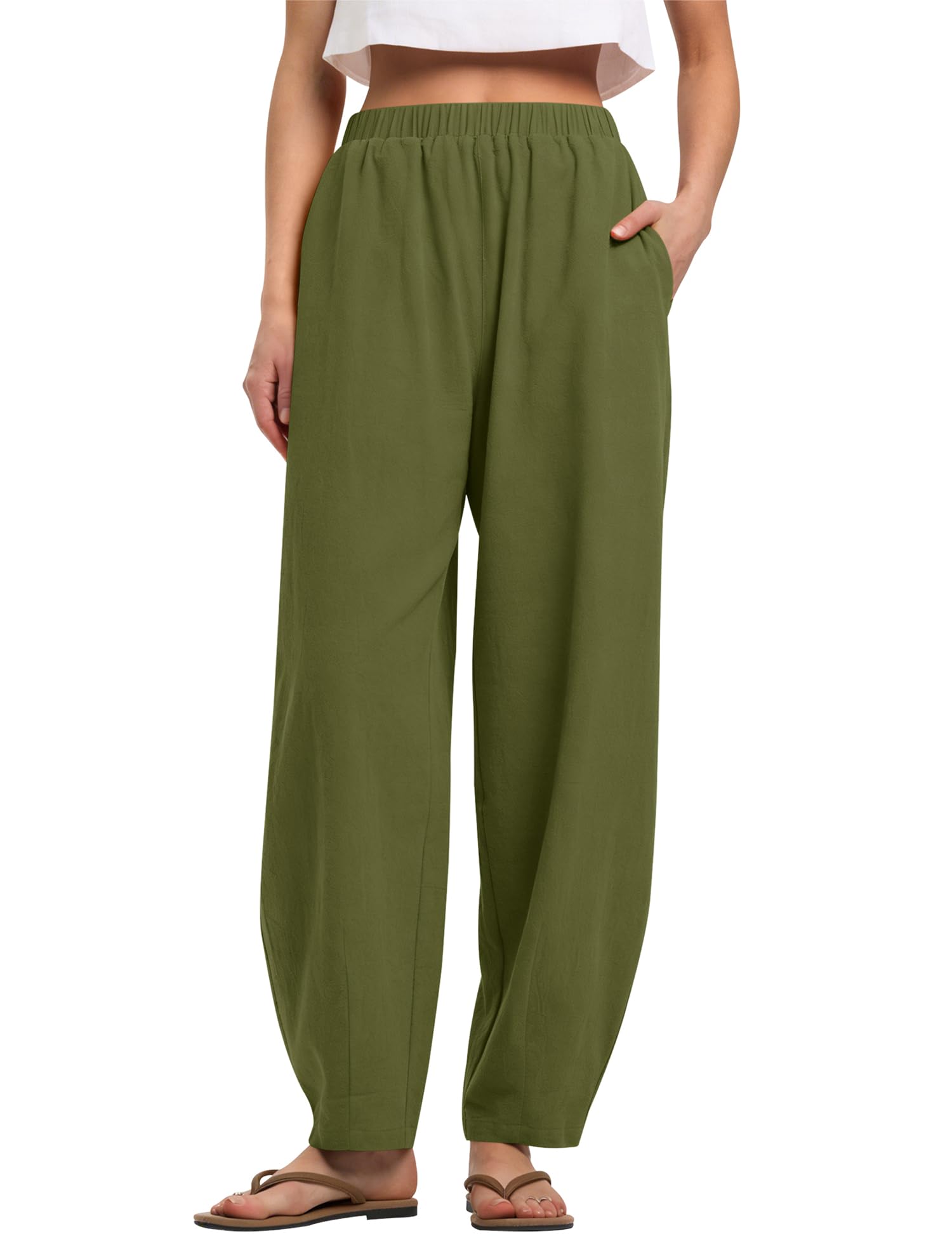 LOMON Linen Barrel Pants Women Wide Leg Palazzo Summer Baggy Harem Pants Boho Casual Trousers with Pockets Beach Vacation