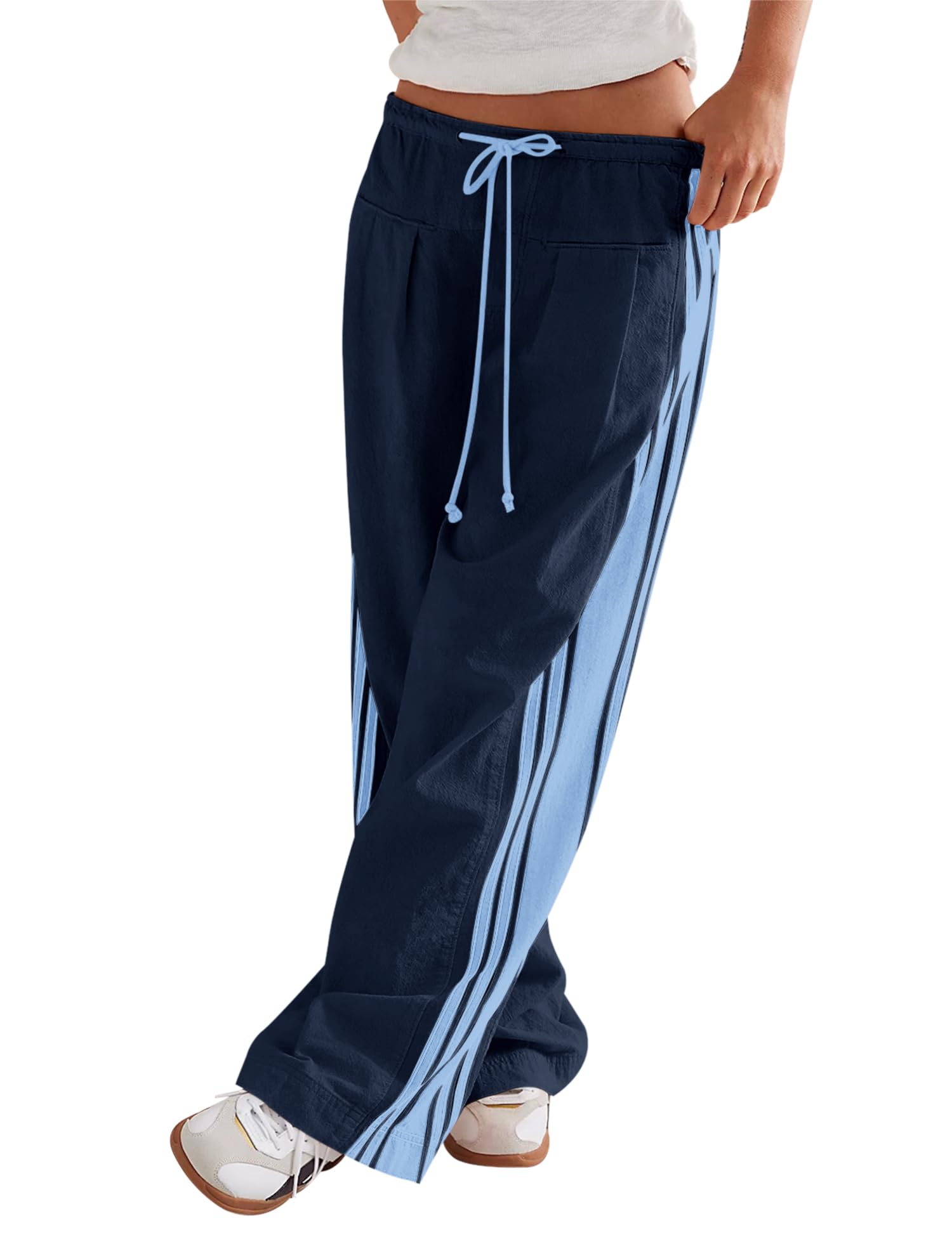 LOMON Pants for Women Wide Leg Side Striped Pants Drawstring Baggy Palazzo Work Trousers with Pockets