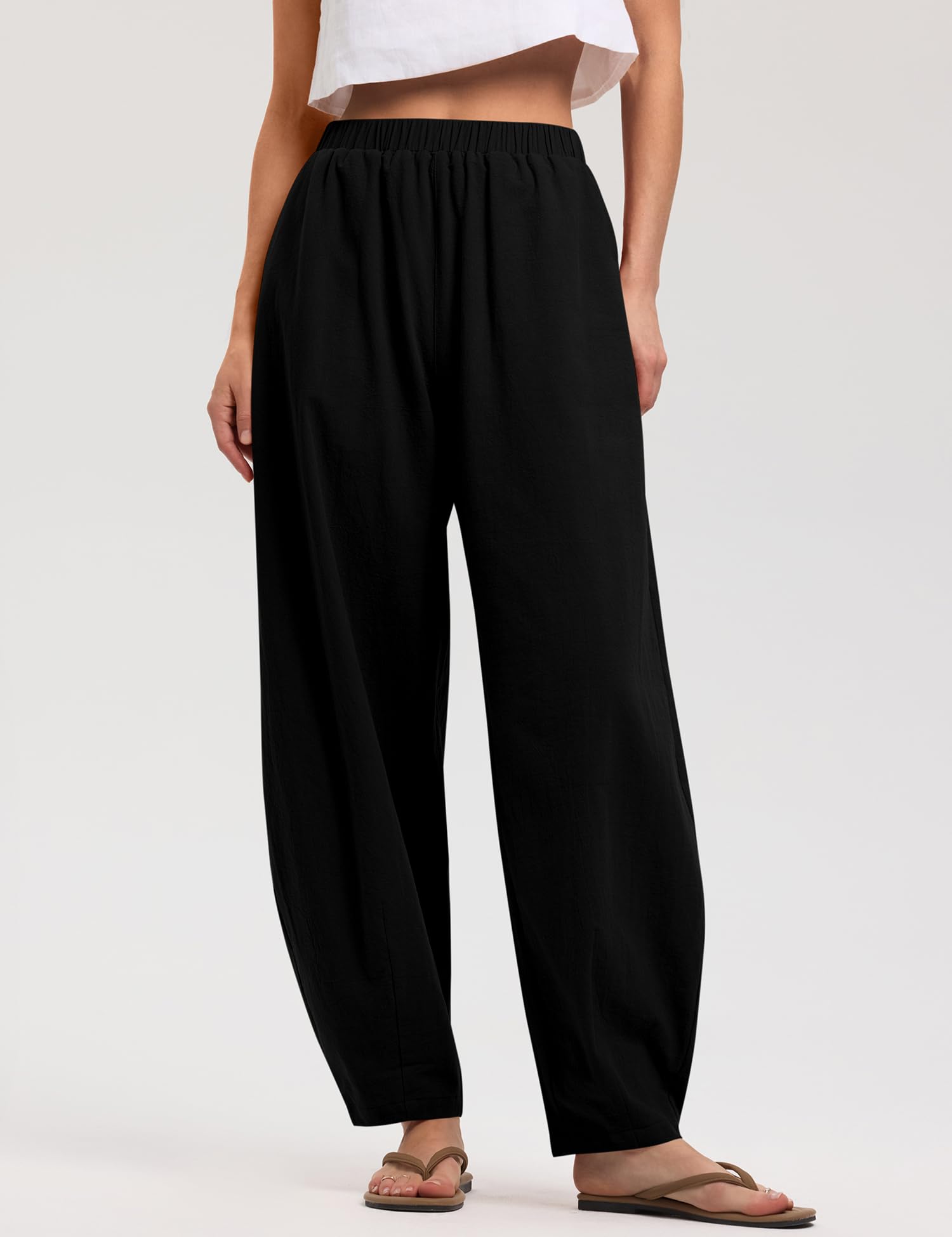 LOMON Linen Barrel Pants Women Wide Leg Palazzo Summer Baggy Harem Pants Boho Casual Trousers with Pockets Beach Vacation